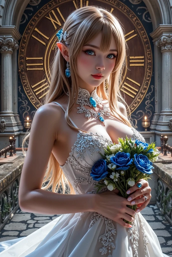 (masterpiece, best quality:1.5), highest quality, High resolution, super detailed, Realists, Upper body photo of a blonde sorceress, detailed and beautiful eyes, beautiful detailed lips, very detailed eyes and face, longeyelashes, shiny satin dress, Holding a wand in your hand and performing a transformation spell, Magic wands present and shiny, Beautiful and colorful makeup, elegant and noble々The jewelry bag, Gardens as background, soft daylight, bright colors, fine brushstrokes, Portrait style, Silk dress fabric, beautiful color palette, glowing skin, First-class rendering, that captures every detail, enchanting atmosphere, subtle shadows and lights, (perfect anatomy:1.2), (The stunning magician transforms butterflies into jewelry (a transformation with the magic wand:1.4), (magnificent panorama view:1.2)