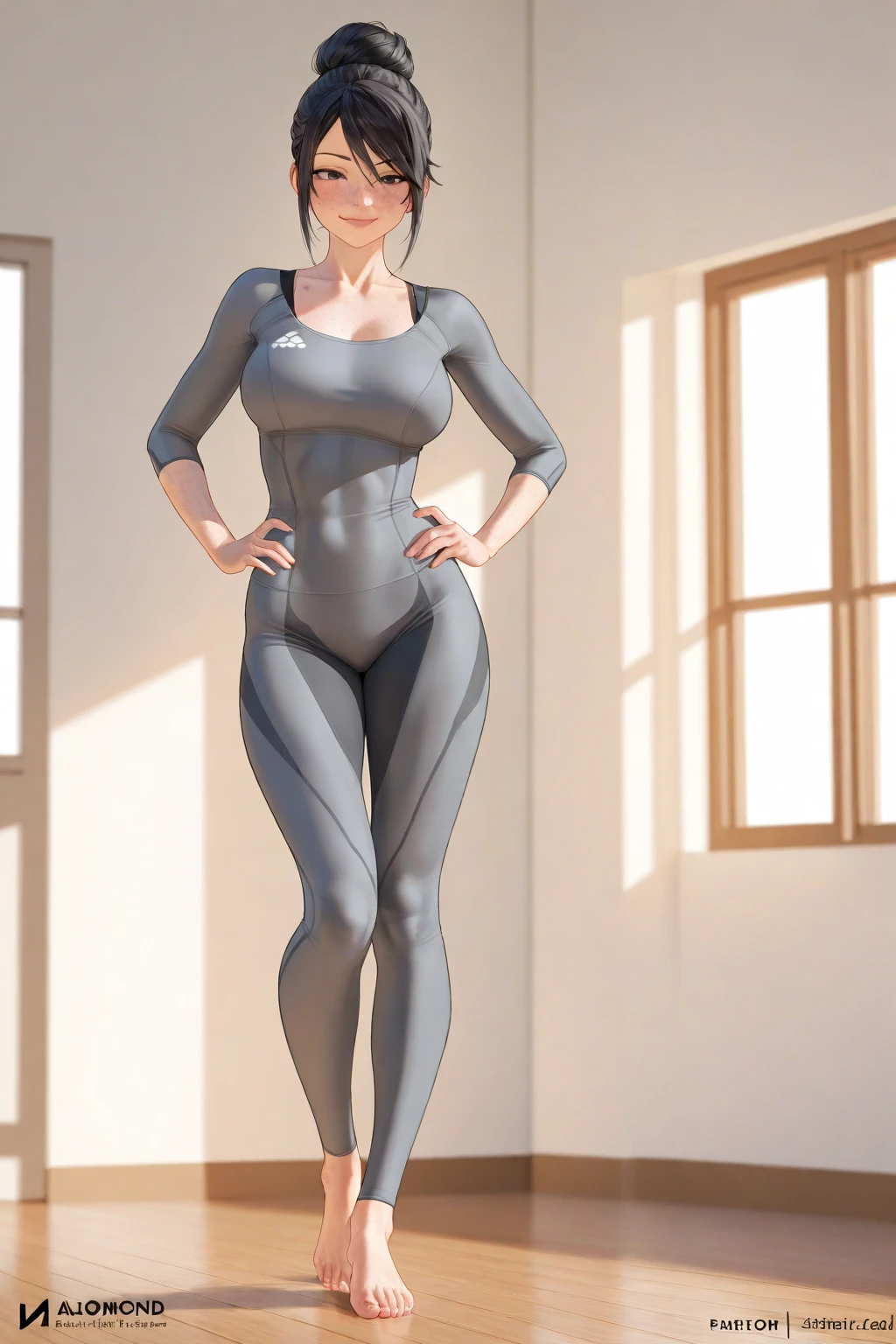 ((((Woman in tight blue tights)))),Beautiful fece,Wearing glasses,rather thick body shape,Naked man standing next to woman ,Man grabs woman's thigh