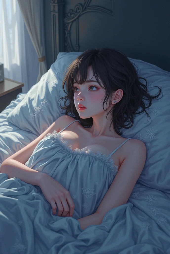 the girl with black hair,Thin stature,Tie-double twisted braids,Long hair,Small face,emaciated,Lying on the bed in the bedroom playing with your phone,White loose short sleeves,Bare legged,Blue high heels,The face is gloomy,emaciated,Poor milk,The chest is extremely small,Tall,adolable,pastel blue dress,The legs are extremely slender,Four-square grid comics,Best quality at best,tmasterpiece