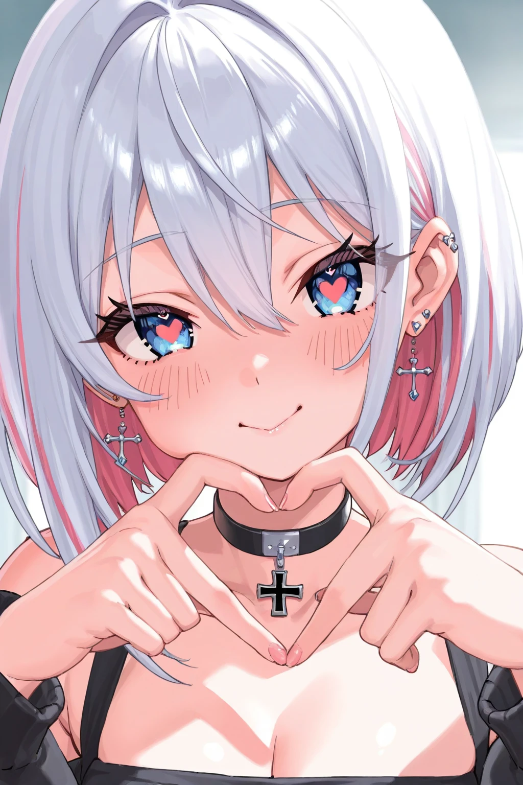 (masterpiece:1.2), best quality, Beautiful rebellious girl,portrait, 
1 Girl, have, open mouth, Glossy lips, White short hair, , Pink Eyes, earrings,, Long eyelashes,  contour, Upper Body, Clothes Writing,Huge bust、Protruding chest、Super huge、Huge breasts,  Barcode tattoo, bust,  Smile, Collar，Huge bust，Long hair，Drool，Milky saliva，Showing breasts，Chest-baring clothes，拴着铁链的Collar，Fangs，Facing the camera，Red heart-shaped pupils，Superbly detailed eyes，Exquisite face，Detailed face，Delicate nose，Intricate tattoos，Rainbow colored hair tips，Short hair girl
 