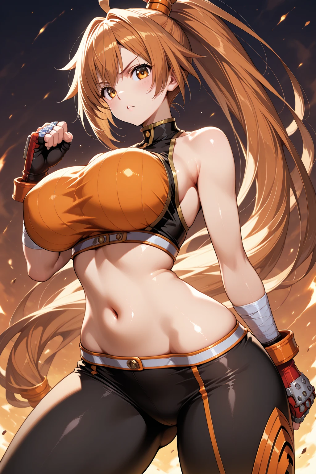 Processus, cheveux orange, grosse poitrine, cheveux longs, cheveux vivants, ,(solo, alone) (SOLO)(ALONE) seul,, Muscular girl, Grande femelle, sourire, corps entier, pantalon, Ouest, Berserker, guerrier, revealing clothes, amazone, tribal clothing,kimono, moine, bear ears,, walking