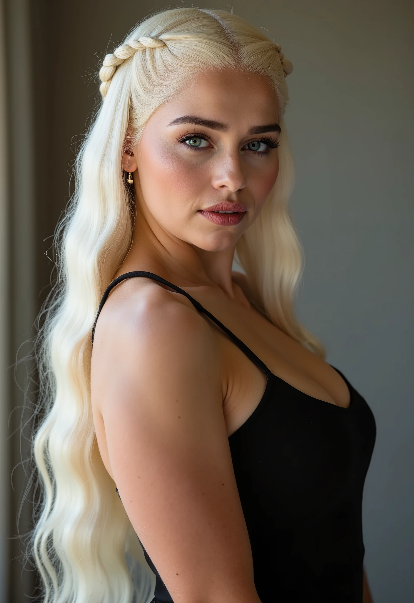 Instagram-Model, , ((langes, shiny platinum blonde)), 38d , two braids, nice short dress