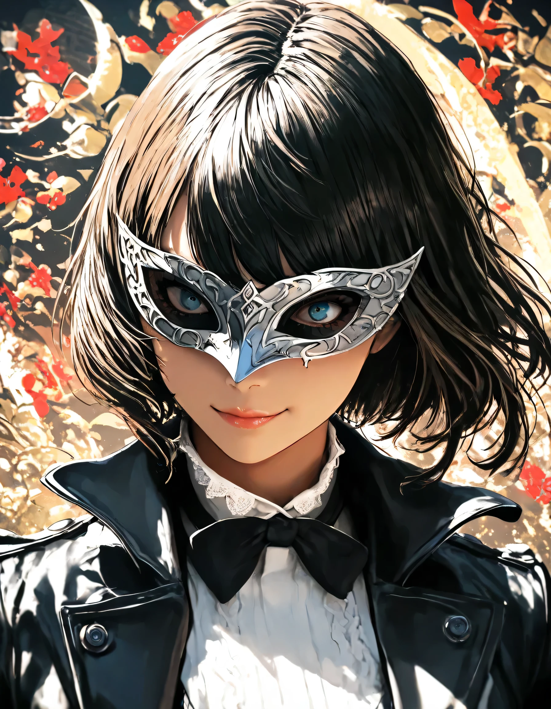 1girl, persona, year 2019, upper body, PERSONA5, phantom thief, mask, masterpiece, high score, great score, absurdres, 16k, Ultra detailed, (photorealistic : 0.5)