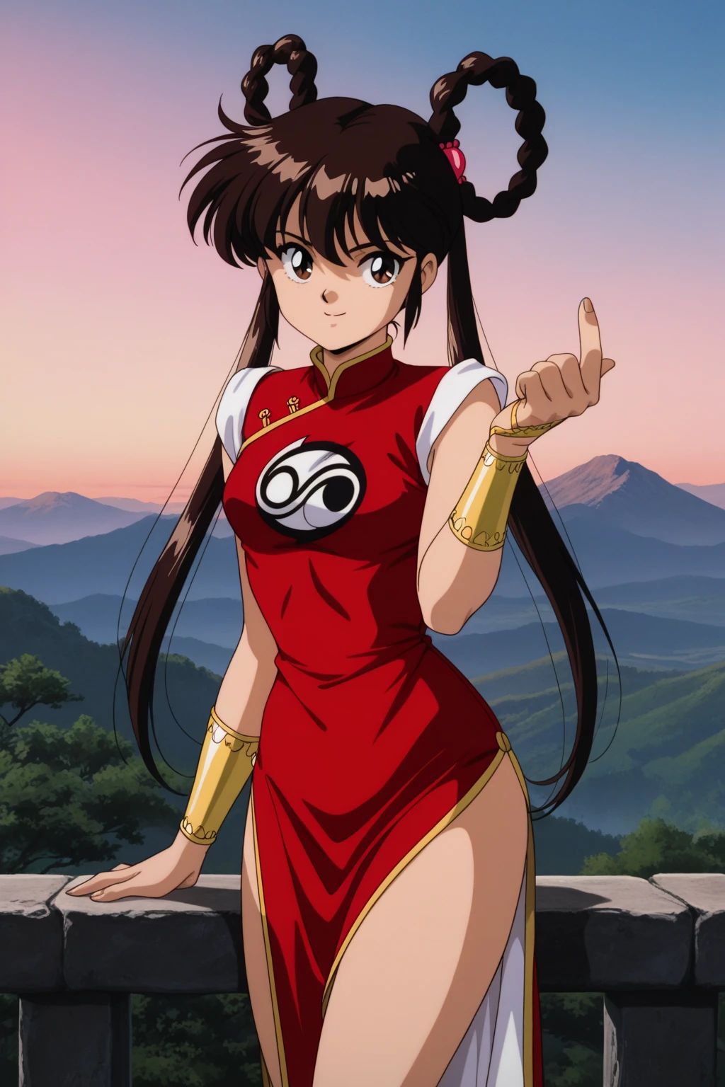 1girl, mano youko, mamono hunter youko, 1girl, solo, long hair, chinese clothes, red dress, red footwear, china dress