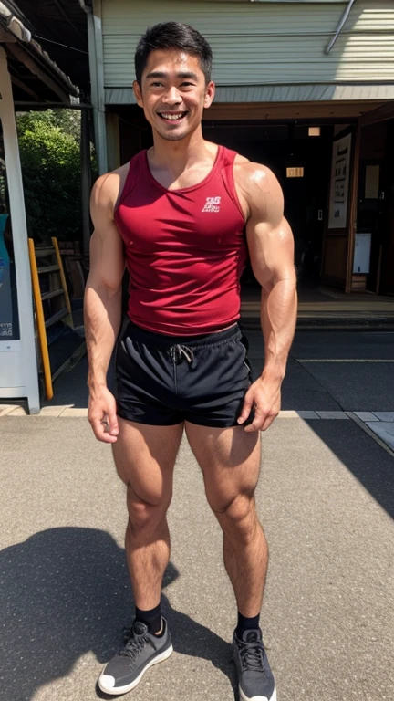 muscular man, stubble, scruffy, broad shoulders, wearing red commandforce, full body 