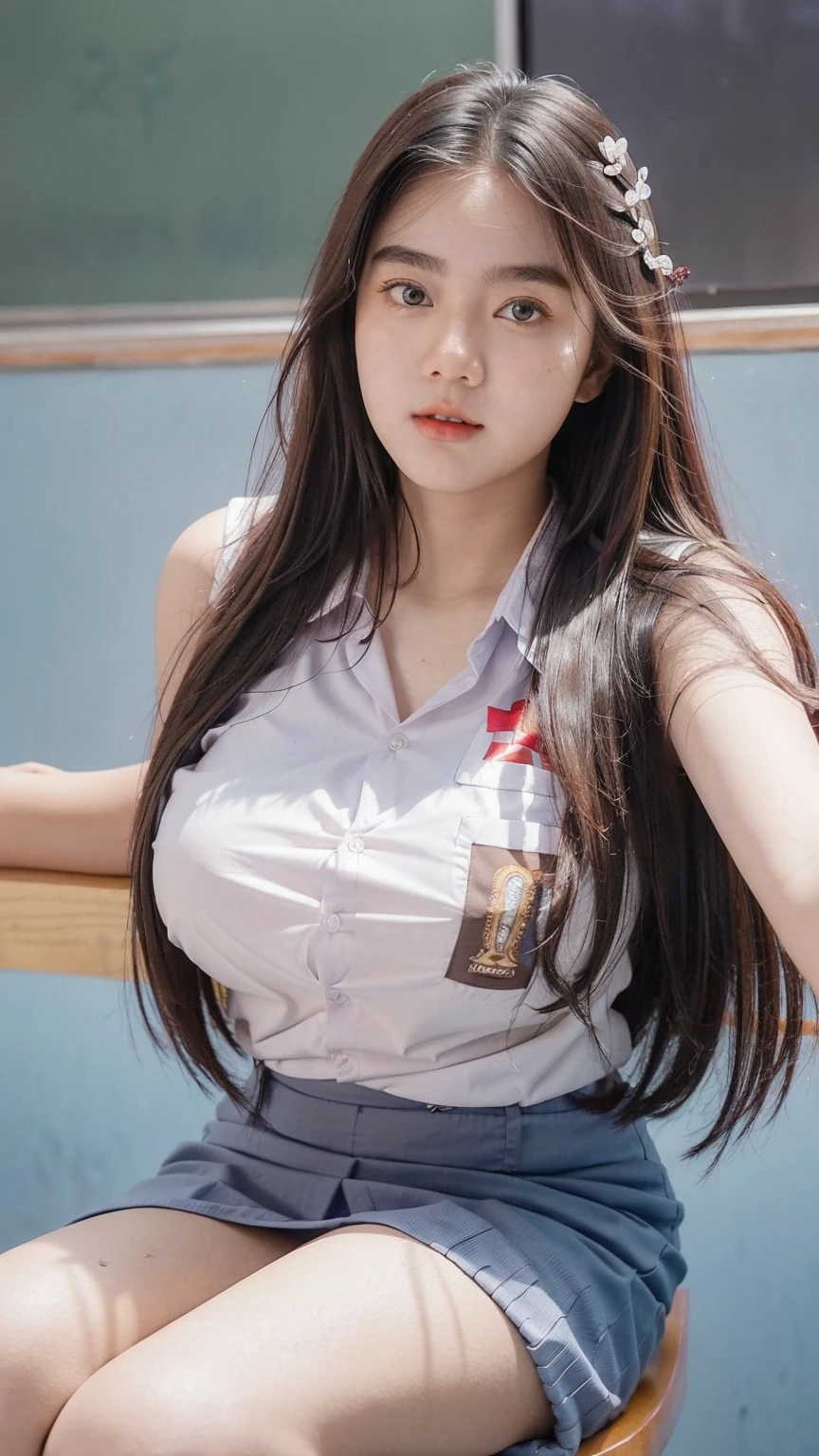 (((Marin Kitagawa))), (masterpiece, best quality), ((extremely detailed, intricate details, lush detail, insanely detailed face, beautiful red eyes, lips, detailed skin, very wide-eyed, skinny)), (( floating hair, shiny skin)), (1girl), wide hips, narrow waist, thick thighs, ((big pupil)) , nervous, ((happy, smile, long hair, younger, blush, tall, black outline, blonde hair, straight hair, seductive eyes, mature female, older, very long hair)), 1girl, toned, ((((indoors, in front of a big window, light shining through window, upper body focus)))), solo, blonde hair, school uniform, skirt, necktie, shirt, shoes, choker, jewellery, white shirt, socks, smile, brown footwear, black socks, looking at viewer, loafers, blue skirt, multicolored hair, plaid, pleated skirt, tied shirt, black choker, bangs, plaid skirt, bracelet, earrings, standing, blue necktie, grin, collared shirt, (((hands behind back, 1girl)))
