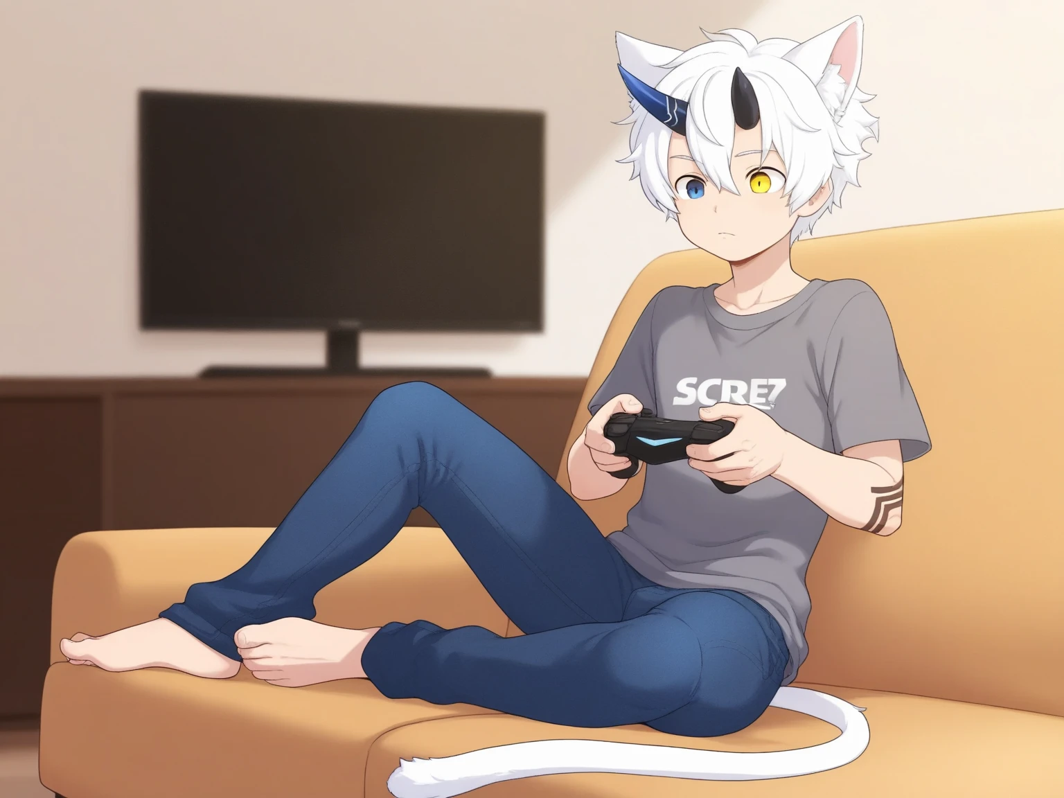 Silver hi-fi robot wolf,Wear a white vest,red short,sitting in the couch
