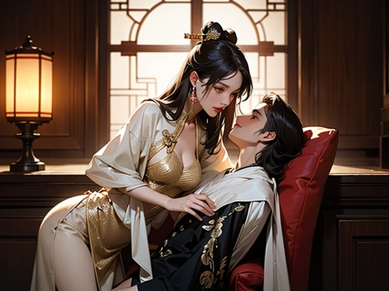 sexy couple in passionate dramatic pose, a man with a character of Yang Yang, a woman with a character of Yang Mi, Tang dynasty, both with long hair, beautiful woman, black hair, brown eyes, building, castle, chinese clothes, lewd