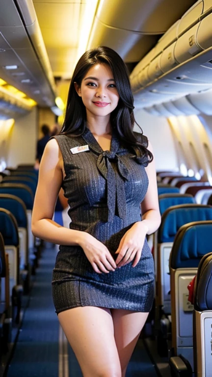 1beautiful womanl, 28years、hyperdetailed face、Detailed lips、A detailed eye、double eyelid、(Black bob hair、Smiling while walking gracefully down the aisle, tewardess uniform:1.2)、((beautiful tie)) (Glamorous body)、(Colossal tits)、((short-cut hair))、（large full breasts）（big butts）（Plump body）（plump body shape）（ large full breasts）（Colossal tits）((J-Cup))、highs thighs thighs thighs, Perfect fit, Perfect image realism, Background with: (Business Class aisle on airplanes:1.2), Cowboy Shot, Meticulous background, detailed costume, Perfect litthing、Hyper-Realism、(Photorealsitic:1.4)、8K maximum resolution, (​masterpiece), ighly detailed, Professional