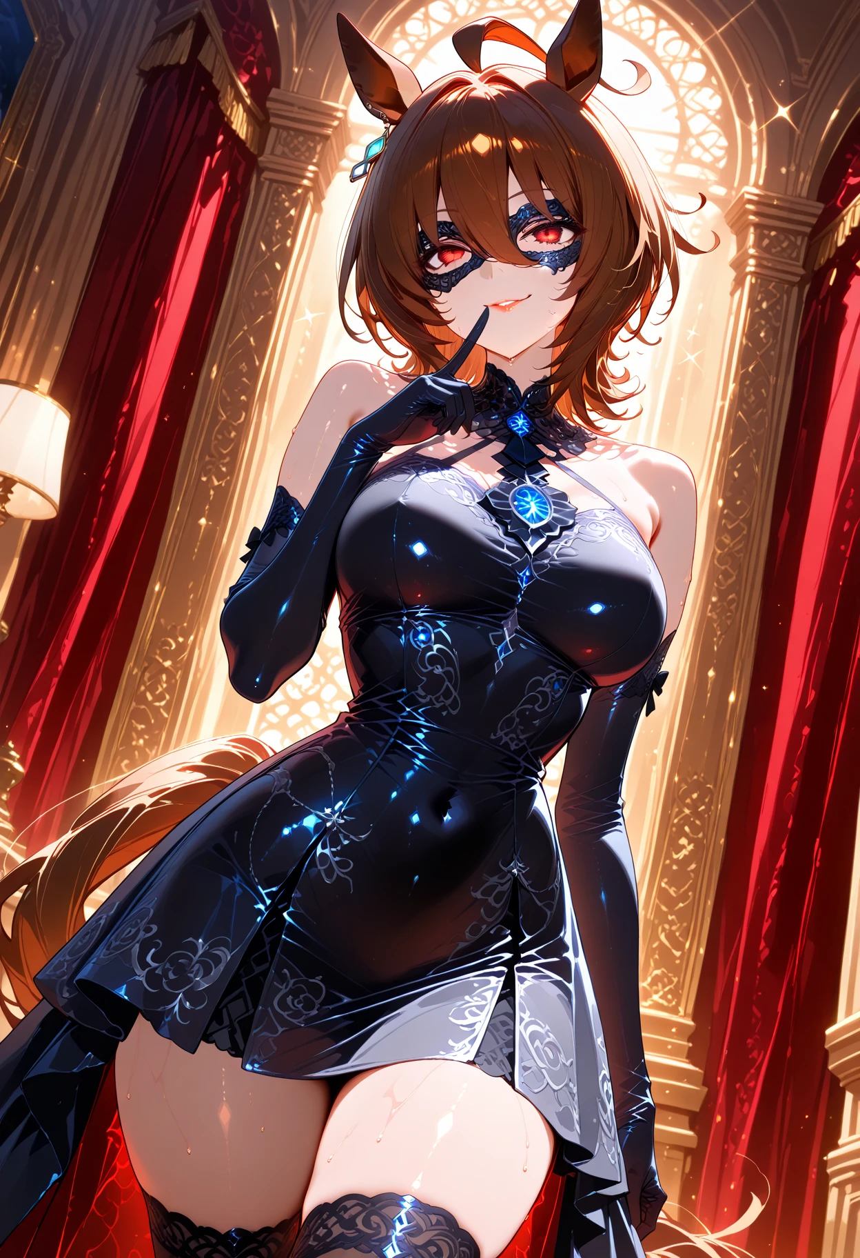 mature woman, 1 girl, alone, solo (masterpiece, best quality, very detailed), sharp focus, detailed face, face focus, focus on face, very detailed eyes, long black cyclamen hair, (cyclamen highlights: 1, 3), side bottom braid, cyclamen red eyes, (sparkling eyes: 1,2), long eyelashes, (strong blush: 1,2), delicate makeup, ((ball lace dress, long skirt, lace, elegant)), Crusader earrings, ear piercing, cinematic lighting, edge lightning, shading, dynamic angle, sharp image, perfect quality, perfectly crafted background, beautiful warm lights, sexy, ballroom, castle, dancing in ballroom, Crystal chandelier, close-up, portrait, solo, flowes