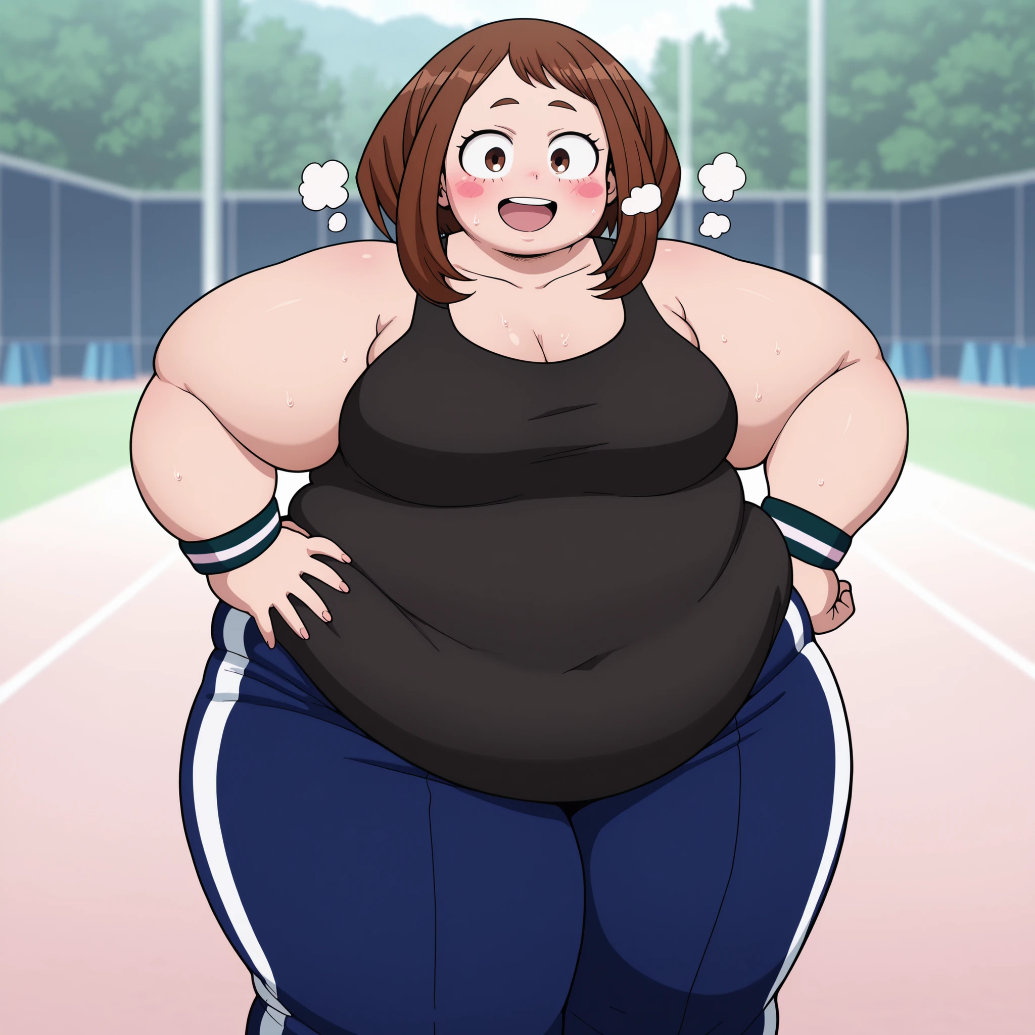 masterpiece, best quality, highres, newest, 1girl, solo, official style, anime screencap, uraraka, brown hair, brown eyes, blush stickers, black tank top, collarbone, wristband, blue track pants, outdoor, hand on hip, cowboy shot, smile, looking at viewer, five fingers fat, chubby, obese, gigantic arms and legs, large breasts open mouth, out of breath, full body shot,