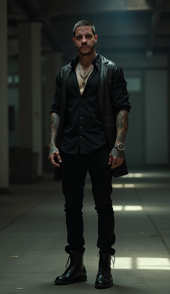 Generate a image of a man who is shady, long hair, long beard, tattoos, cigarettes, all black outfit