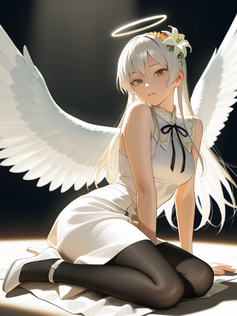 Masterpiece, Best quality, 1girll, White hair, angel, Innocent, Pink eyes, Angel wings, full bodyesbian, arms back behind, sky, Halo, forest, Serious look,white colors,Beth,stocklings,Hosiery,lacepantyhose