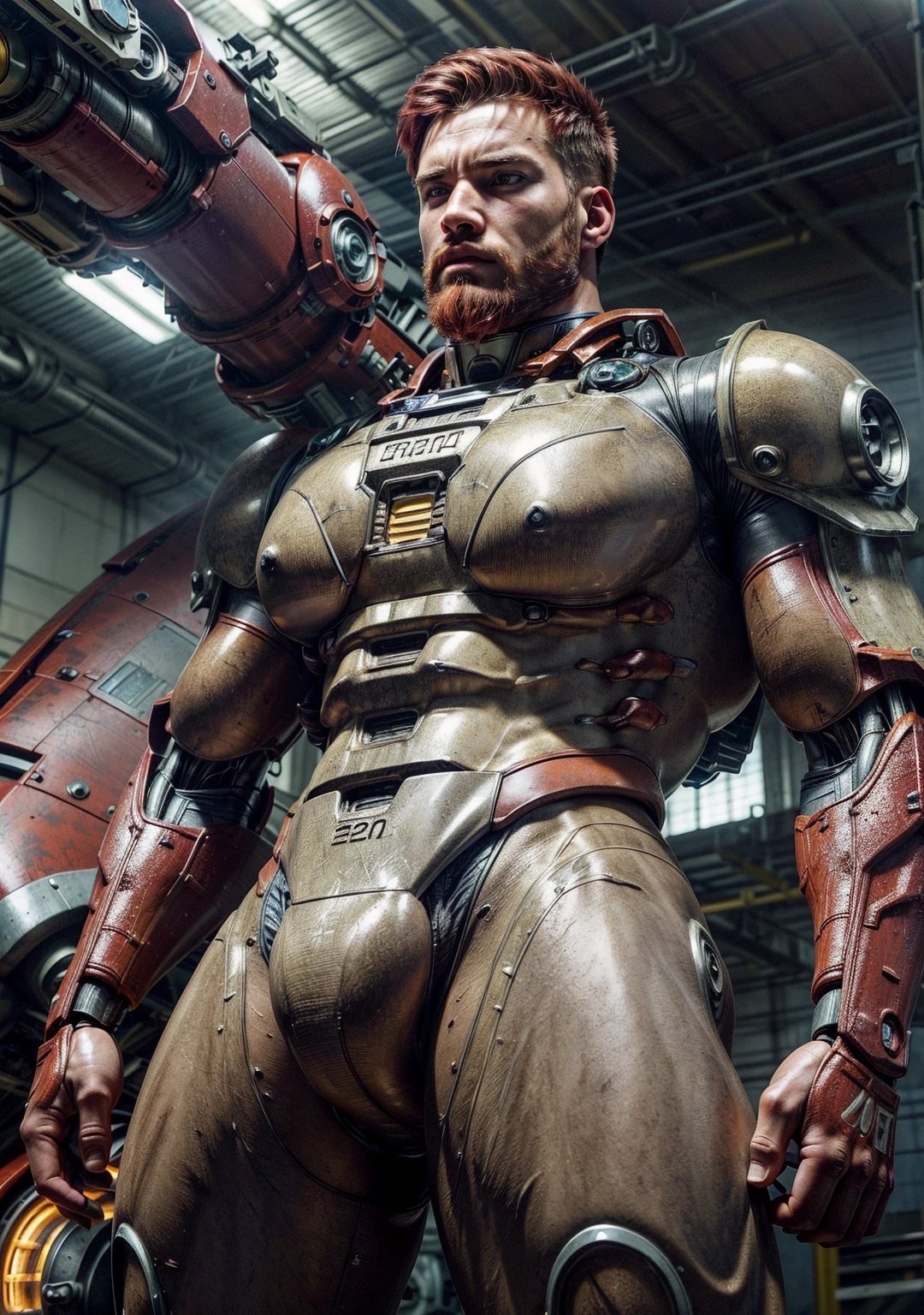 full body portrait, strong burly hairy mature older man(space captain), wearing futuristic captain's uniform coat (neon yellow and black) (open and revealing) (latex) , gray hair, sunglasses (neon yellow), broad shoulders, round belly, thick feet, bulging micro thong, barefoot, scifi spaceship captain uniform, neon lights, best quality elegant masterpiece, face looks like Tom Selleck (Magnum PI) , military buzzcut, dark mustache, gray stubble, latex, wearing a latex thong, big bulging crotch, futuristic gear equipment, wearing see through plastic chest armor (neon yellow), wearing neon yellow see through chest armor, wearing blue latex chaps, wearing cool neon sneakers, walking confidently, arms wide open (ready for a hug), smiling with teeth showing, nicebulge, 