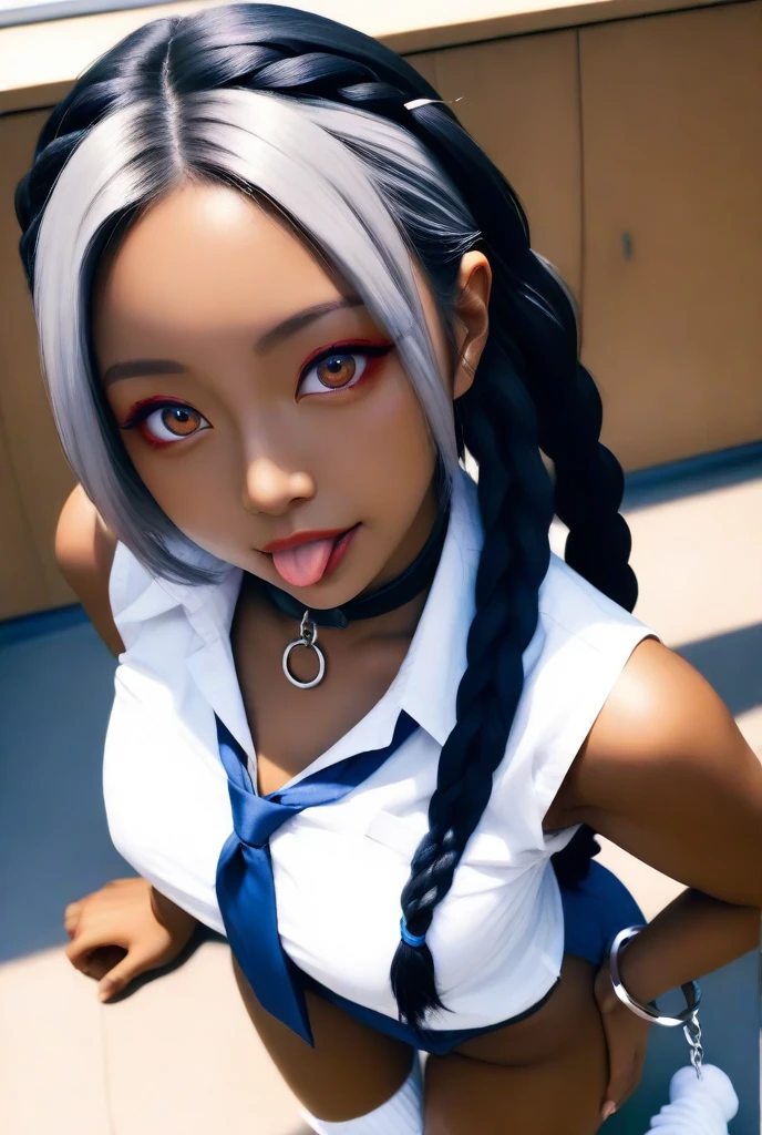 (masterpiece:1.2, best quality), 1lady, solo, , classroom, day, sit, blonde, twintails, red eyes, open collabone, darkskin, (open breasts:1.1),
