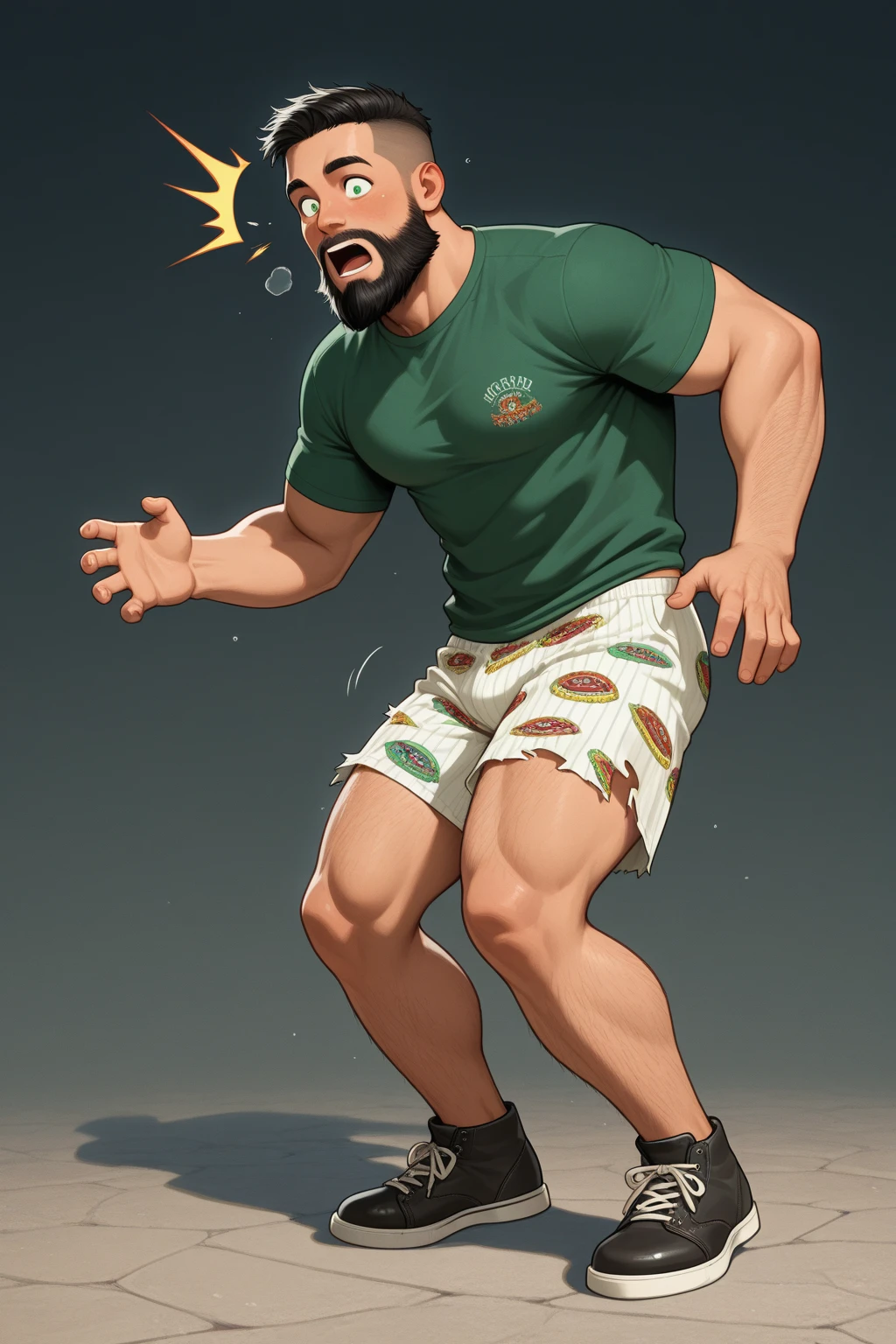 Young, thin and muscular Bolivian gas station attendant, celebrating happily, wearing no shirt, in a green cap, Green sweatpants, white underwear showing, and black boots, at a gas station.