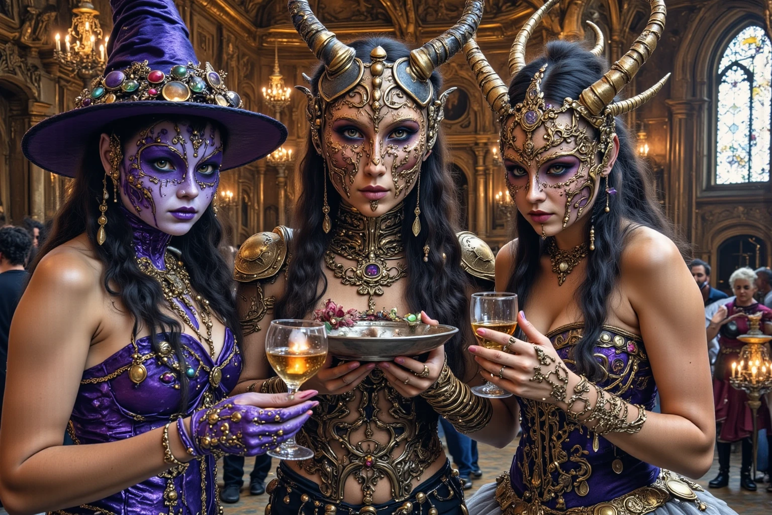 a group of beautiful girls disguised as friendly travelers, with exaggerated eerie features, interacting with the first merchant in the desert, fantasy, detailed, highly detailed, digital painting, artstation, concept art, hyper realistic, 8k, cinematic lighting, dramatic lighting, dramatic shadows, moody atmosphere, vibrant colors, saturated colors, warm colors, chiaroscuro, intricate details, ornate details, photorealistic, extremely detailed, (best quality,4k,8k,highres,masterpiece:1.2),ultra-detailed,(realistic,photorealistic,photo-realistic:1.37)