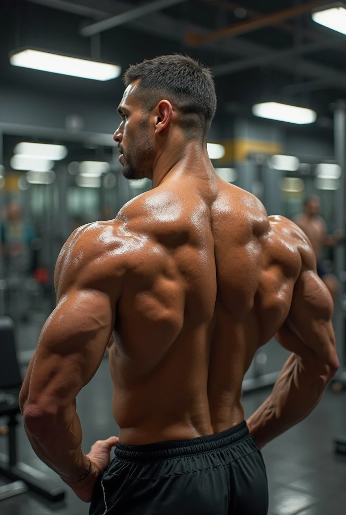(one or two bodybuilders:1.4), (back view:1.4), (tank top:1.4), (at gym:1.4), 40's, Japanese man, manly face, fat face, (round face:1.4), (monolid eyes:1.2), (buzz cut:1.4), very large and strong body, bulky body, beefy muscles, (bulging muscles:1.4), (very large pectoral muscles:1.4), (muscular arms:1.4), muscular abs, muscular legs, muscular back, bright oily skin, (realistic:1.2), distant view