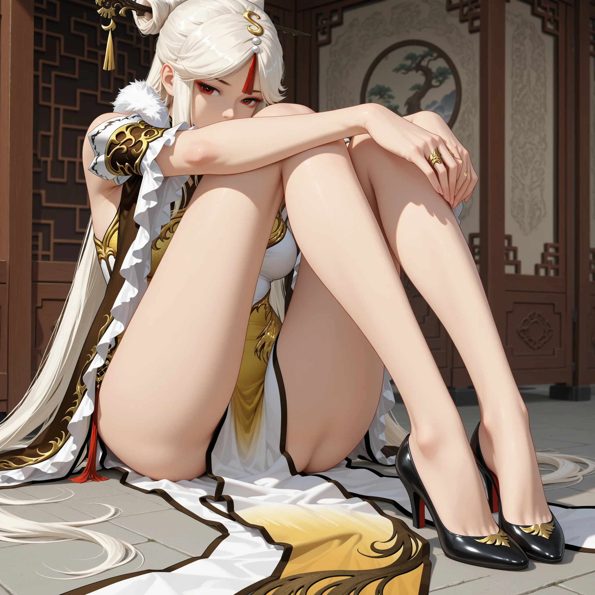 Anime Woman with white hair and yellow eyes, mostrando os peitos, legs open showing pussy, with an angry face and a provocative look. Wearing gold and black traditional Chinese imperial clothing, with red Hanafuda earrings, with a short red skirt. On your knees in a hotel room bed, with a sunset in the window in the background.