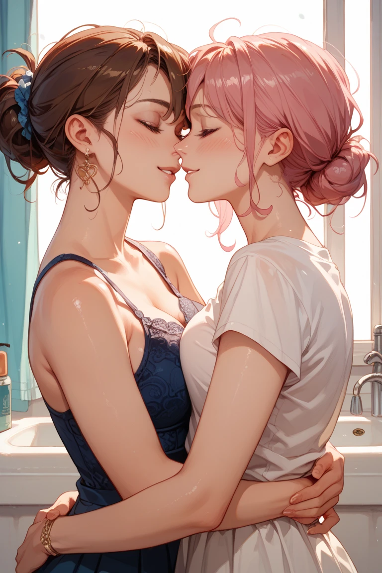 ​masterpiece, top-quality, hi-res,((( 2girls))), ((yuri)), ((the kiss:1.4)), (French kiss), red blush:0.2, closed his eyes:0.5, (tongue), (saliva), ((touch)), hand on chest、bulging bust top、(pink bra)、light blue bra、(Brown skin)、Skin whitening、(pink  hair)、(light blue hair)、long eyelashes、(The voluminous lips)、lips 、Thin eyes with double eyelids)、a short bob、poneyTail、Ear Body Piercing、Blue eyes own eyes、round and large buttocks、toned buttocks、(Pointed upper bust)、((the whole body is wet))、beatiful backgrounds、Shower on the wall、shower room、((Heavy shower))、restroom、Tiled、vapour、accurate drawing、elaborate illustrations、detailed drawing、Anatomy of the human body、picture-perfect、 perfect beautiful