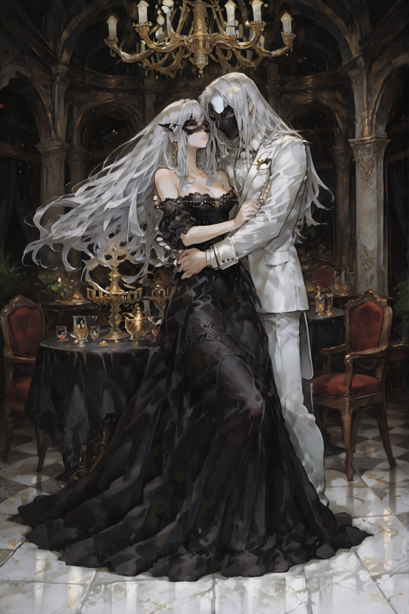 in a grand ballroom decorated with luxurious chandeliers and dim lighting, the two are enjoying an enchanting dance. The {x} woman is intricately decorated with elaborate off-the-shoulder Lace detail wearing a black gown, a mysterious mask enhances it. her flowing silver hair is flowing down her back, adding a mystical vibe to her presence. gentleman, wears a well-tailored white suit, gentle hugging, leads her steps in a graceful posture. his silver hair matches hers, adds a harmonious element to the two figures. around them, The guests are seated at the table, is steeped in the elegance of the place, wearing formal attire reflecting the majesty of the event. The polished marble floor、reflects the warmth of the chandelier above, creates a luxurious atmosphere reminiscent of a bygone era. the intimate yet grand setting、capture a moment of romantic elegance, is full of subtle charm and refinement.