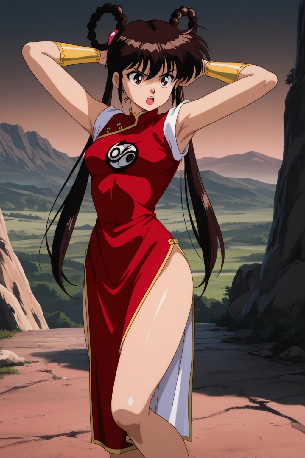 (best quality,ultra-detailed,realistic:1.37) Kagome Higurashi, mai shiranui from the king of fighters, beautiful detailed eyes,beautiful detailed lips,smiling with happiness, 25yo, Japanese mature female, wearing a green short kimono, matured face, blushing, joyful expression, dynamic pose, big breast, big hips, full body view, big body, thick, (Curvy:1.35), ((Master piece)), best quality, perfect bodies,beautiful detailed eyes, extremely detailed face, perfect lighting, long black hair, golden eyes,