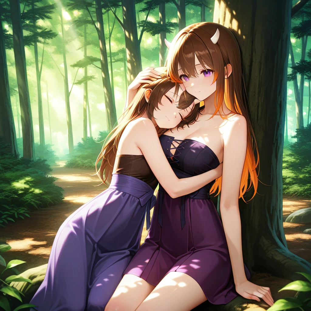 2girls, A beatiful mature pale dark haired vampire lady looking at a red short haired sexy witch girl with teal eyes, outdoors, night, moon, good quality, in the woods