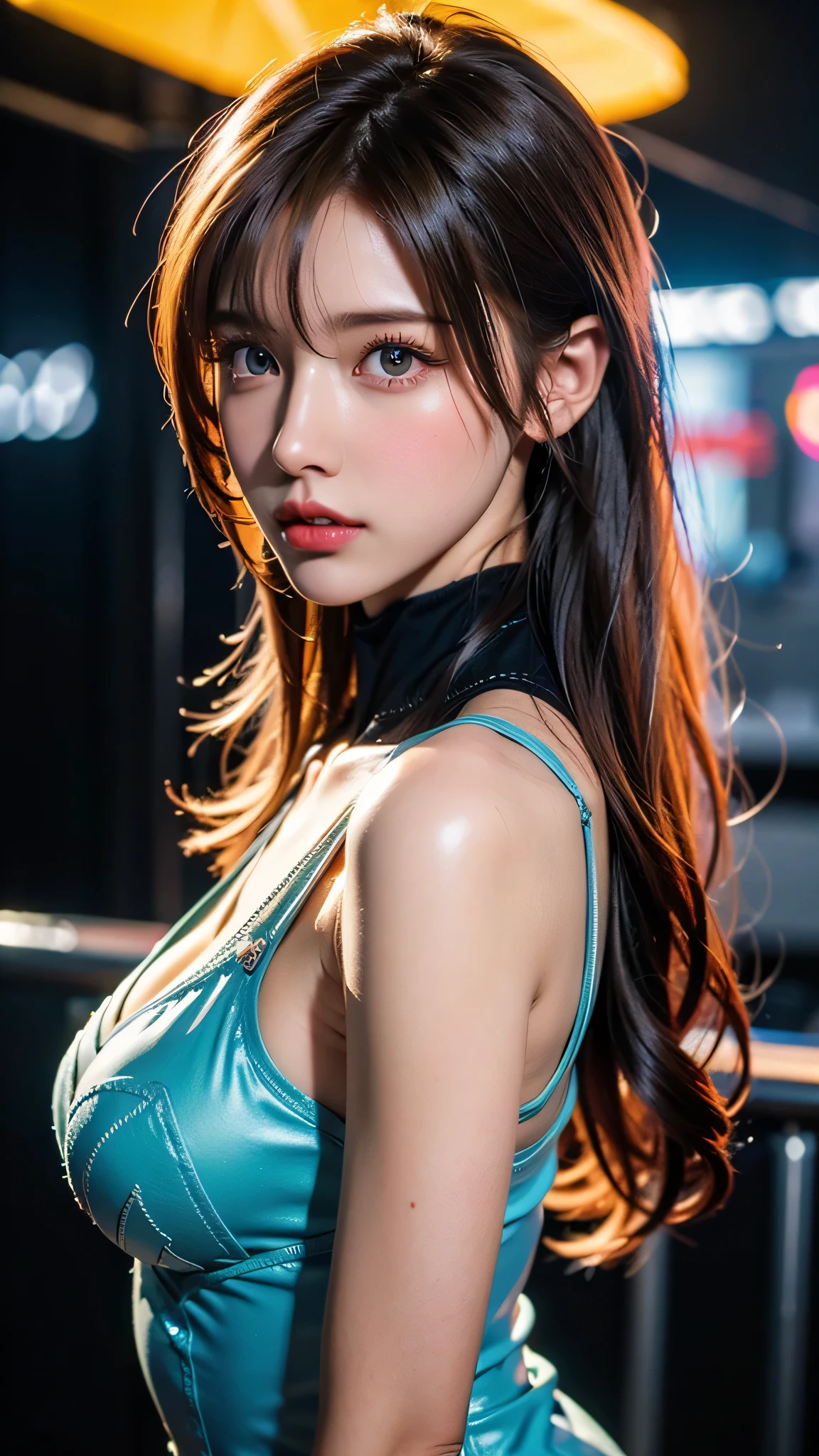 top-quality、​masterpiece、超A high resolution、(Photorealsitic:1.4)、Raw photo、Detailed CG image quality、cyberpunked、Beautiful fece、1girl in、Future hair ornament、Pink Nylon Jumper、cleavage of the breast、detailed portrait、8K picture quality、bright colour、concept-art、Cinematic and dramatic atmosphere、foco nítido、Volumetric lighting、Cinematographic lighting、Wearing studio quality、Colorful neon lighting、depth of fields、Ambient lighting、Blurred foreground、blurry backround:1.3、