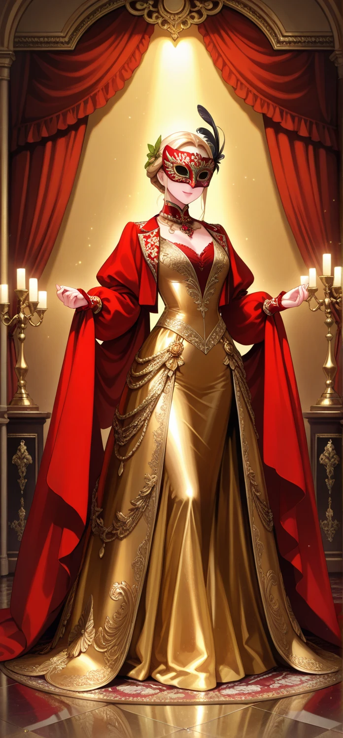 masterpiece, best quality, 1girl, toned,
short hair, blonde hair, hair bun, double bun, blunt bangs, messy hair, sidelocks, yellow eyes, fangs, bags under eyes, 
Indoors, grand staircase, red gown, gold trim, puffy sleeves, white gloves, high-heeled shoes, glowing candles, festive decorations, decorated tree, warm lighting, intricate details, serene atmosphere, cheerful mood, glowing object,
lens flare, bokeh, detailed background, intricate lighting,
<lora:tghmk_idxl_EliPot:1>