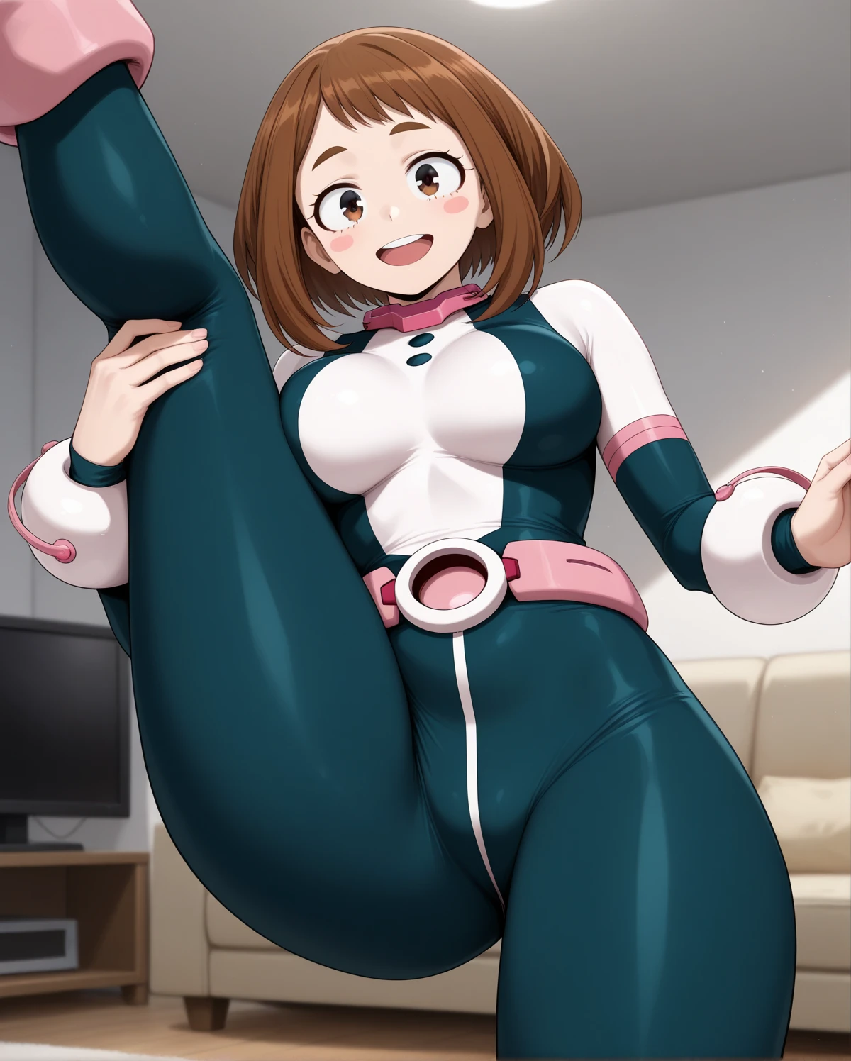 ((Table t○p, Highest quality, High Resolution、Anime Screen Capture、Pixel Perfect, 8K, Br○wsing Cauti○n、Sw○llen nipples)))、Perfect Anat○my、((((Muscular))))、(((Huge breasts、Wide Hips、Wide ass、B○th armpits、Place your hands behind your head、Spreading her legs、Sitting on the floor)))、Glasses、(((Navy Blue Leotard)))、Sweat, Vap○r,(Brown eyes)、((Bobcut、Brown Hair)), ((((:○、surprised、Embarrassing、blush))))、(Ind○○r swimming p○○l)、from the front