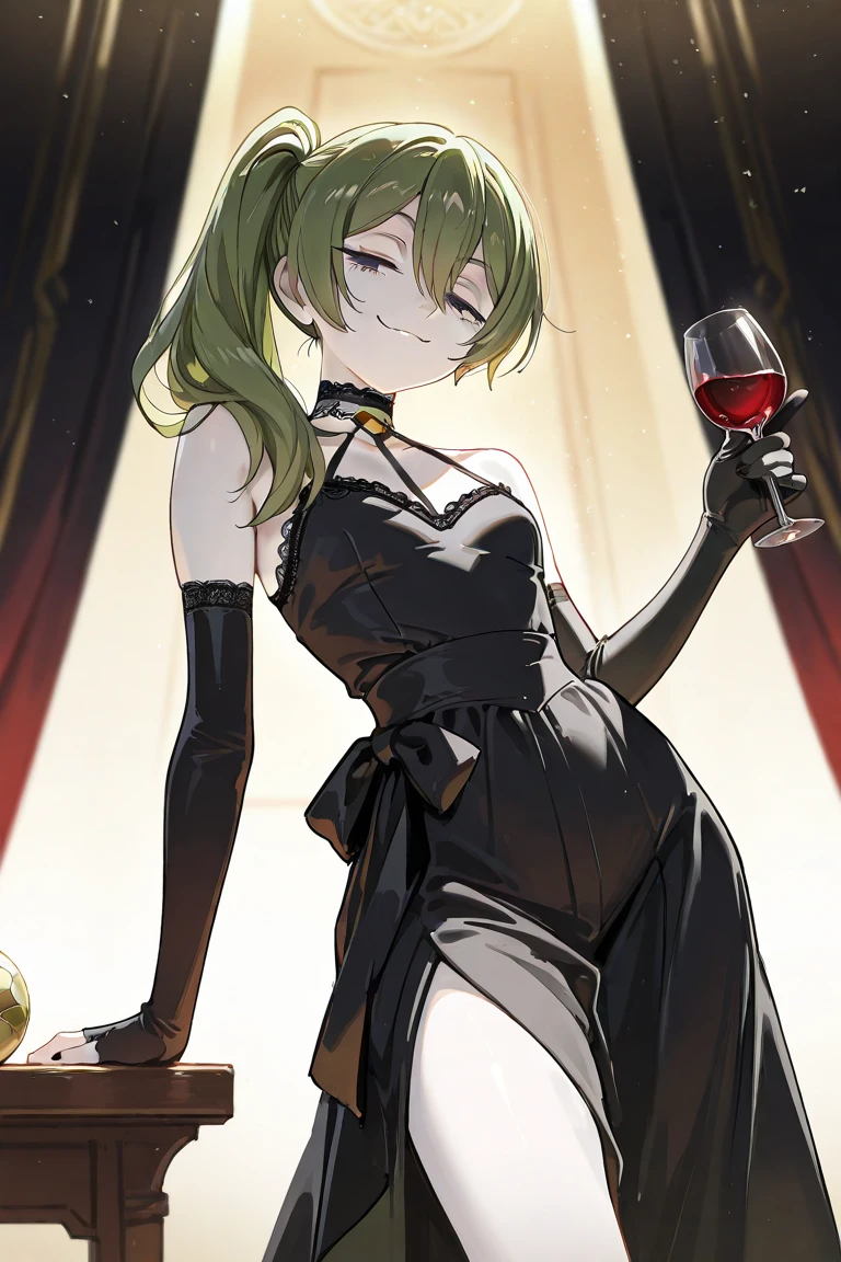 score_9, score_8_up, score_7_up, 1girl, solo, yor briar, ibarahime, red eyes, black hair, long hair, single hair_bun, sidelocks, medium breasts, gold hairband, hair flower, earrings, strapless dress, black dress, fingerless gloves, black thighhighs, bare shoulders, standing, slight smile, holding a cup, wine, cup looking at you, ballroom,