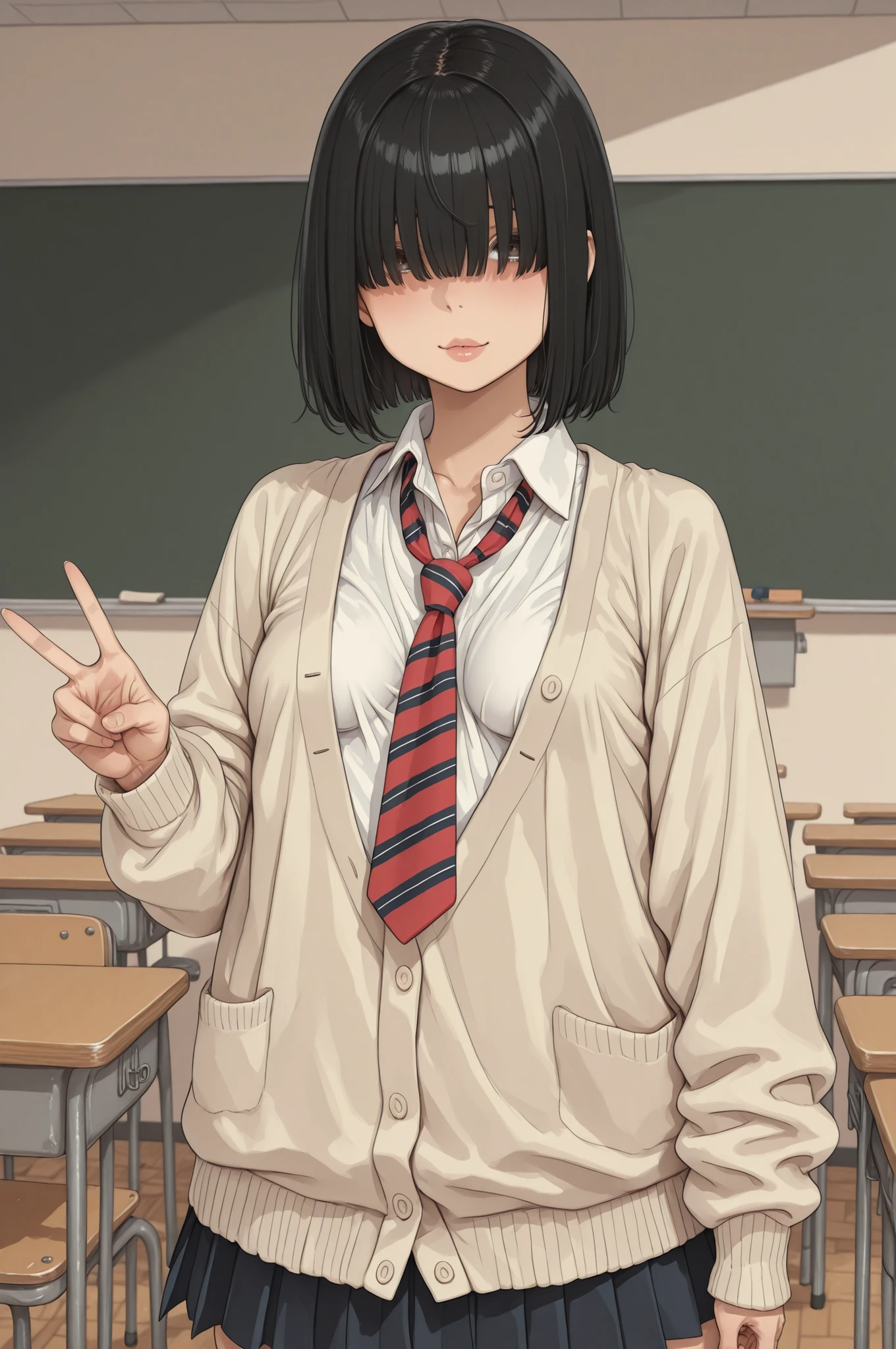1 girl, short black hair, bangs over eyes, voluptuous, small breasts, loose cardigan, white shirt, red striped tie, pleated skirt, classroom background, look at viewer, peace sign