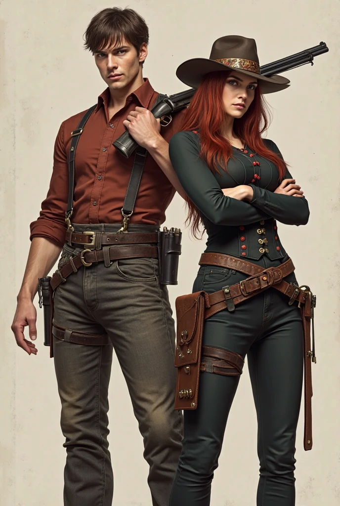 (American Shot), a Steampunk girl and man couple. She is a very beautiful girl. He wears a crop top and she wears sexy clothes. They are both in a movie poster pose carrying weapons like in the poster for the movie Hansel and Gretel: Witch Hunters, The girl with (very light eyes), is a beautiful Steampunk goddess with (small breasts) and (((hips) little))). He is about 5' 3'' inches tall. ((He is quite a bit taller than her)), both of them (looking at the camera), lots of steampunk accessories on their clothes that light up, and Steampunk digital art. She is a mechanized Valkyrie girl. They are in a room. The image is a very warm atmosphere. with red tones
