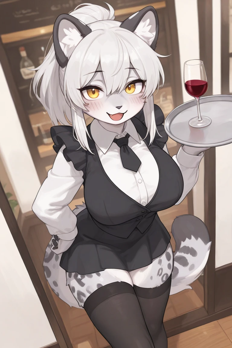 (masterpiece,best quality,very aesthetic),(disheveled hair)(ultra-detailed),1girl,solo,curvy,a platinum blonde fox tail,large breasts,(platinum blonde fox ears),short hair,platinum blonde hair,beautiful face,(messy hair),(disheveled hair),hair intakes,(fusion of gray kimono and white ultra highleg playboy bunny,bow tie,Layered clothing with white on both sides and black on the inside:1.2),loose chest,bare legs,luxurious decoration,(cameltoe:0.8),enjoyable,alluring smile,exciting,cheerful,brown foxy eyes,(scar on cheek:1.3),serving cocktail,walking,serving japanese sake bottle,japanese banquet hall,table,zabuton,cowboy shot