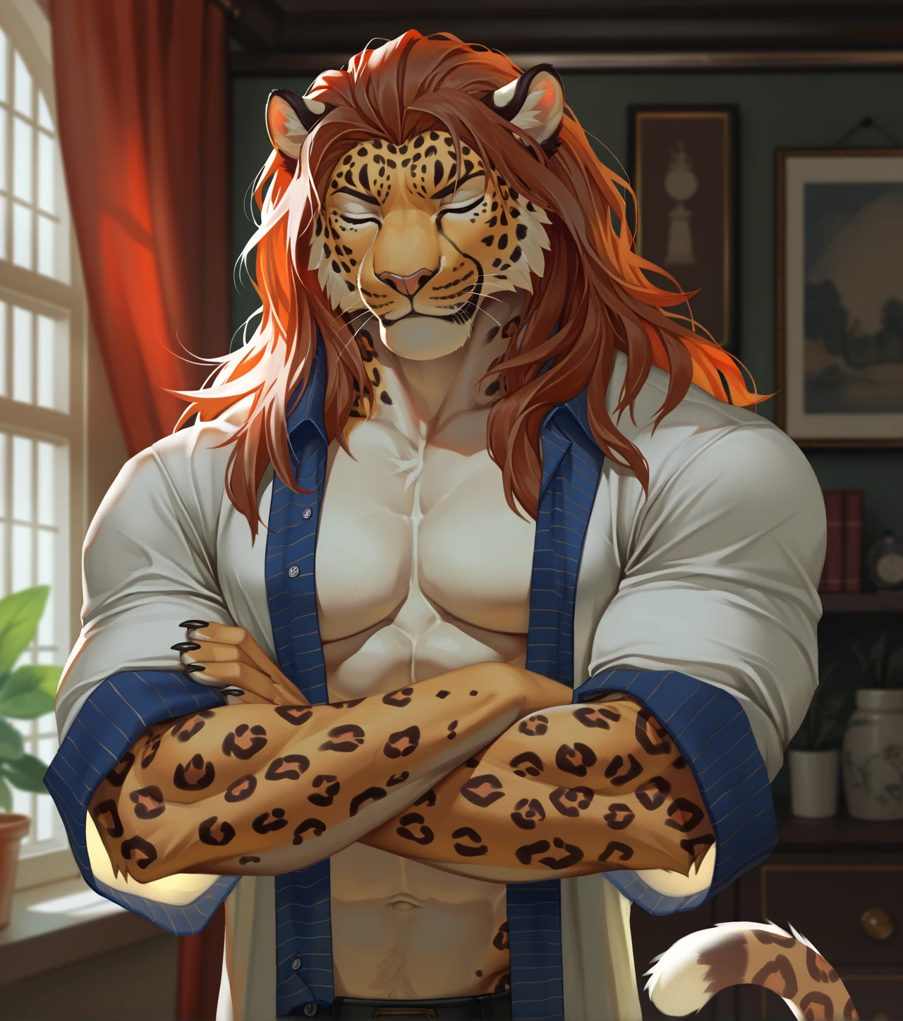 ,Slim, very Slim, very thin waist.masterpiece, detailed, beautiful digital art, masterpiece, 4K, small parts, Anthro, a lion, What, male, ((male род)), good quality anatomy, ((beautiful eyes)), orange eyes, Red Mane, ((beautiful hands, detailed hands)), bedroom, , sitting on the bed , (I look at the viewer), I look at the viewer, whole body, scar, scar on left eye, anime style,Slim, , very thin waist, Cute, muscular. in shorts,, Apparel, In a shirt, ,,Cozy atmosphere,,inflection, big biceps,vest. In shorts,