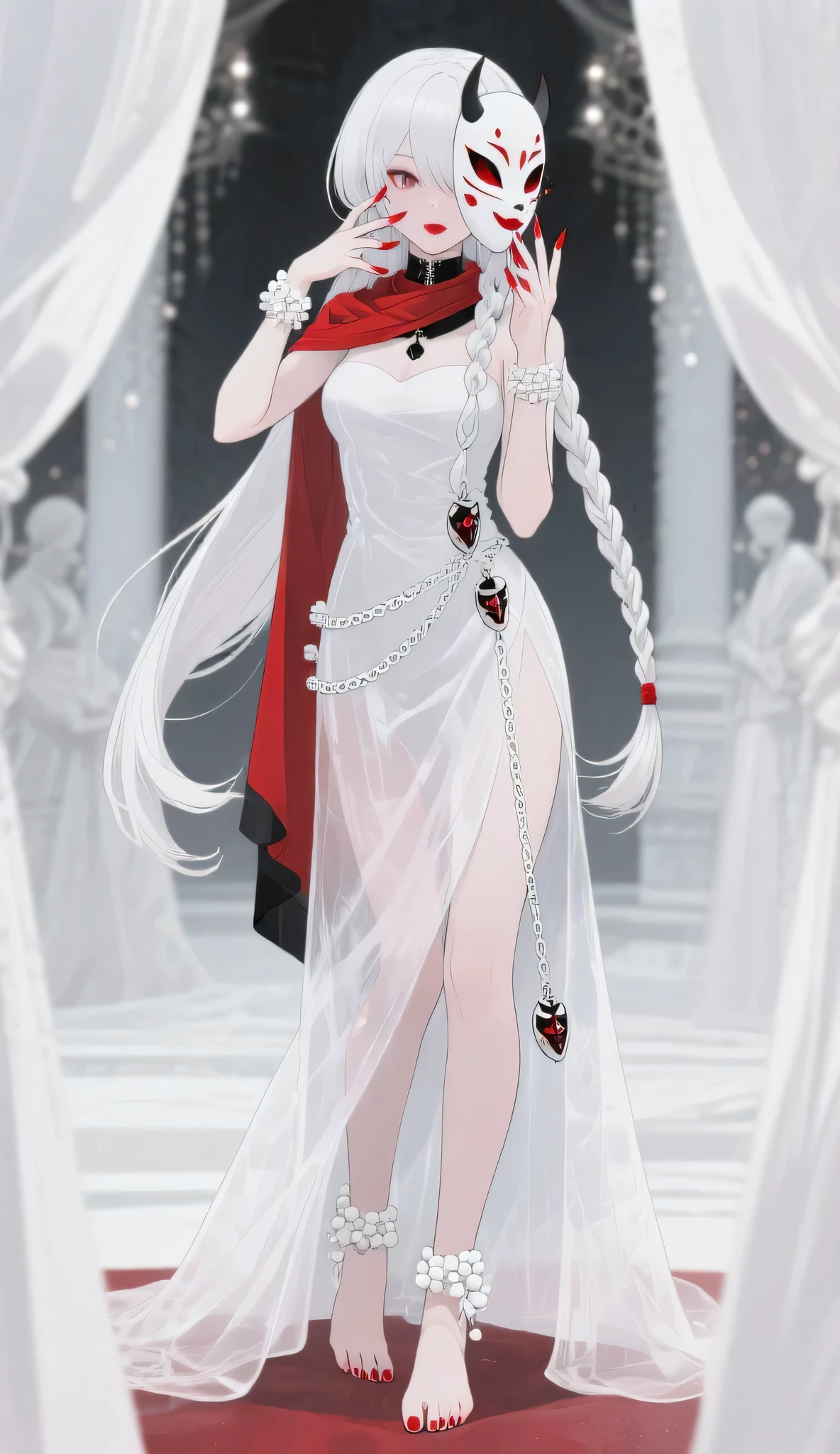 Beauty in snow-white long dress, reddish face, slender legs, long black hair, slender figure, wearing red high heels
