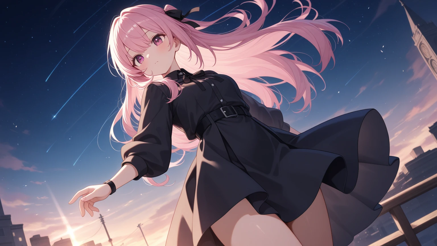 sharp focus, best quality, depth of field, cinematic lighting, detailed outfit, 4k, perfect eyes, rich in details and textures, cute, cute loli face, pink hair, long hair, small breasts, dark red eyes, hair between eyes, sidelocks, witch hat, black hat, black robe, hooded robe, hood down, white shirt, black skirt, collared shirt, long sleeves, pleated skirt, white stocking, outdoor, shirt, robe