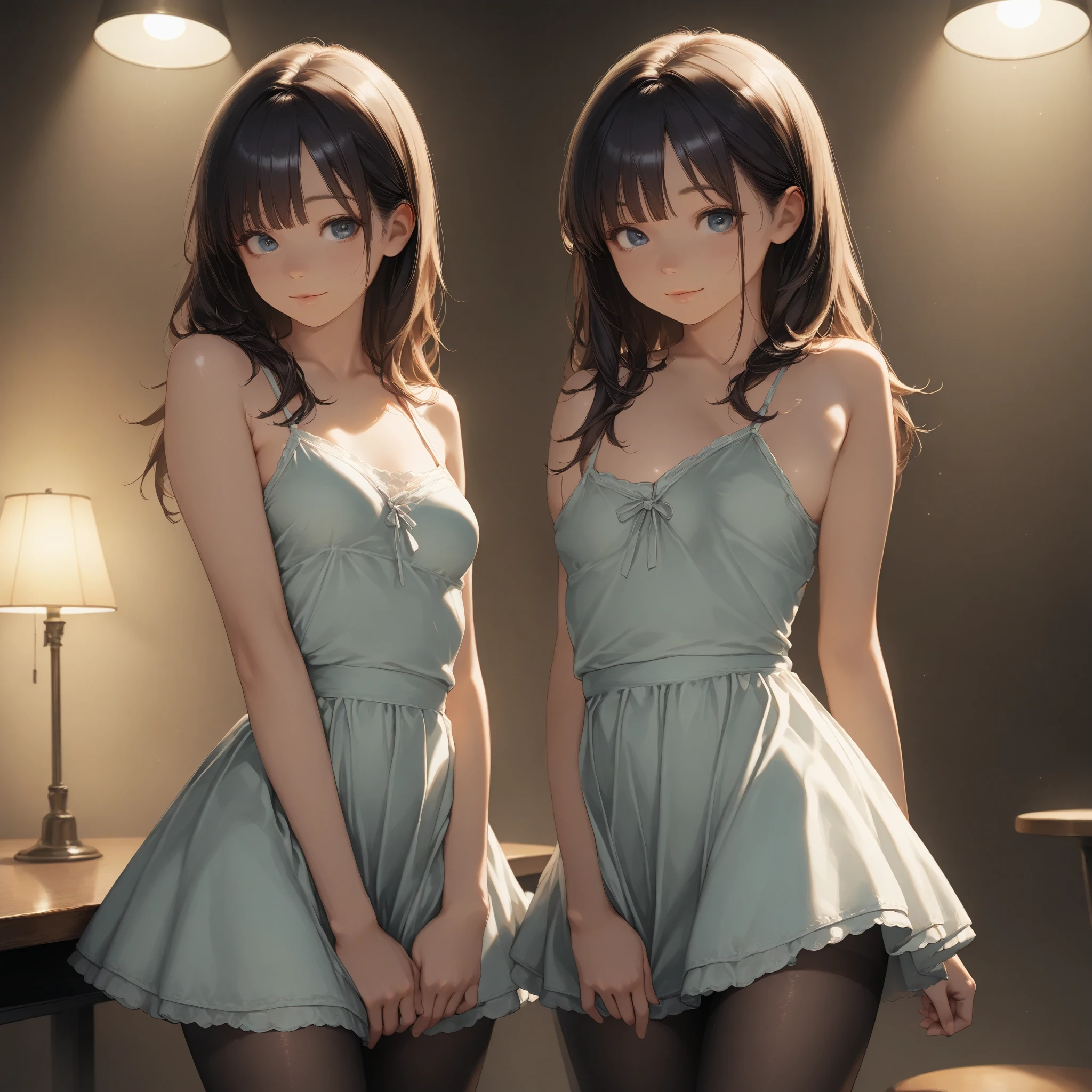 ((((1girl))), (((solo))), Caucasian white girl, 20, black bobcut hair with a flower in her hair, dressed in a 1940s style blue bikini with a flower pattern, she is not wearing underwear under the nightgown, in a room, night, she's standing, she's smilling