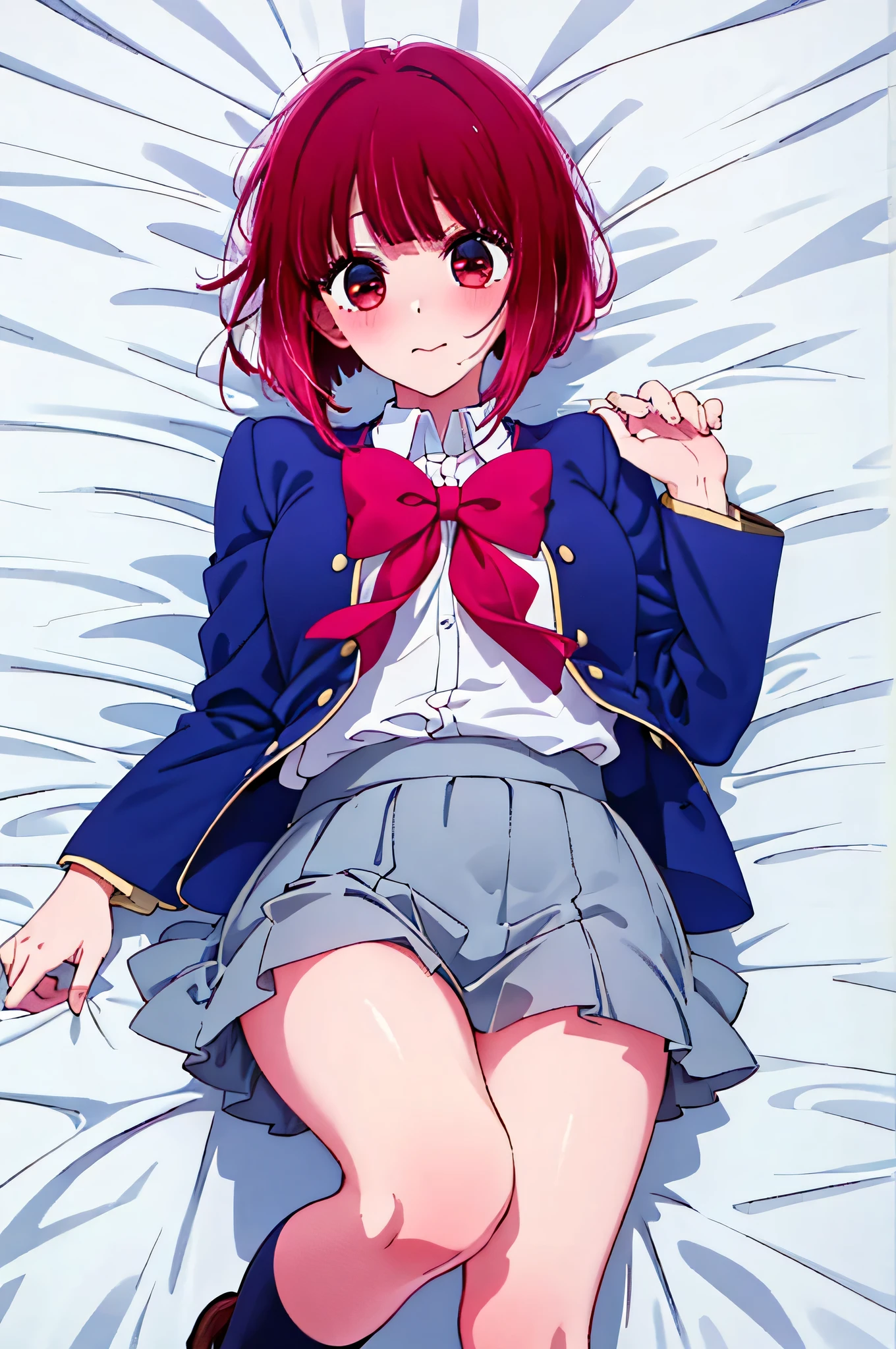 1 person, Arima, high school students, grey miniskirt, school uniform, white sheets, Lie on your back, embarrassing, Red cheeks, Seducing Men, Above the knee