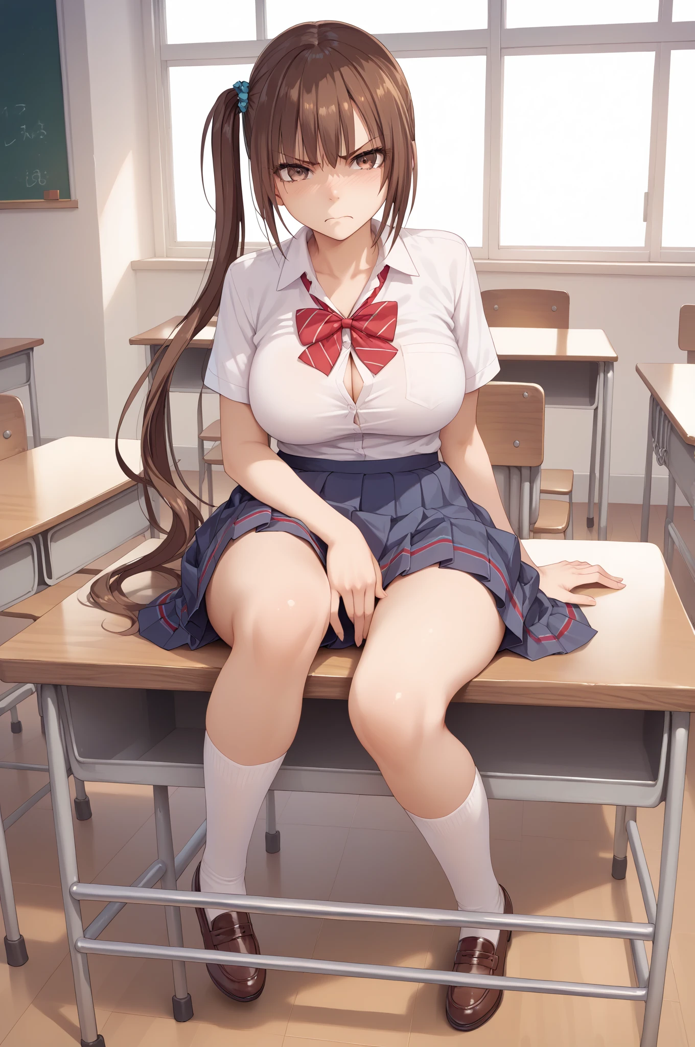 ((nsfw, masterpiece, best quality)), ((super high resolution)), (photo realistic), best shadow, (sharp sketch, illustration:1.2), high detail, very detailed, (nice hands, perfect hands), (POV, crotch focus:1.4), ((1girl)), beautiful girl, 18 years old, blue eyes, (brown straight long hair:1.5), (normal breasts), glossy skin, ((view from front:1.5)), (very slender:1.3), (beautiful adolt face:1.3), famous idol, thin lips, detailed facial features, facial and skin texture, Crisp focus, perfect beautiful body and face, pink small nipple, beautiful face, perfectly in focus, long bangs, underhair, (in the classroom:1.3), all body, (ahegao:1.3), (sweat:1.5), ((stradle:1.5)), ((vaginal)), (school suit:1.5), hair between eyes, skirt lift, ((show off nipple:1.5)), ((spread pussy:1.5)), (uterus:1.4), (urethra:1.1), (drool:1.3)