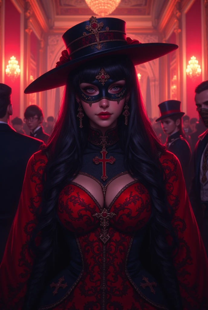 A busty, pretty superwoman in Lord of the Ring fantasy style with a very narrow waist, she wears a black tailcoat, bright red lipstick on her pouty lips and a ringmaster's top hat. In the background you can see an old medieval circus, a freak show, everything looks very realistic but at the same time very spooky, You can see her entire upper body. The medieval freak show theme should be clearly visible in the background. It should be scary, low key portrait, dark, full face illumated, tears in her blue eyes, moody portrait, dust and smoke in the air