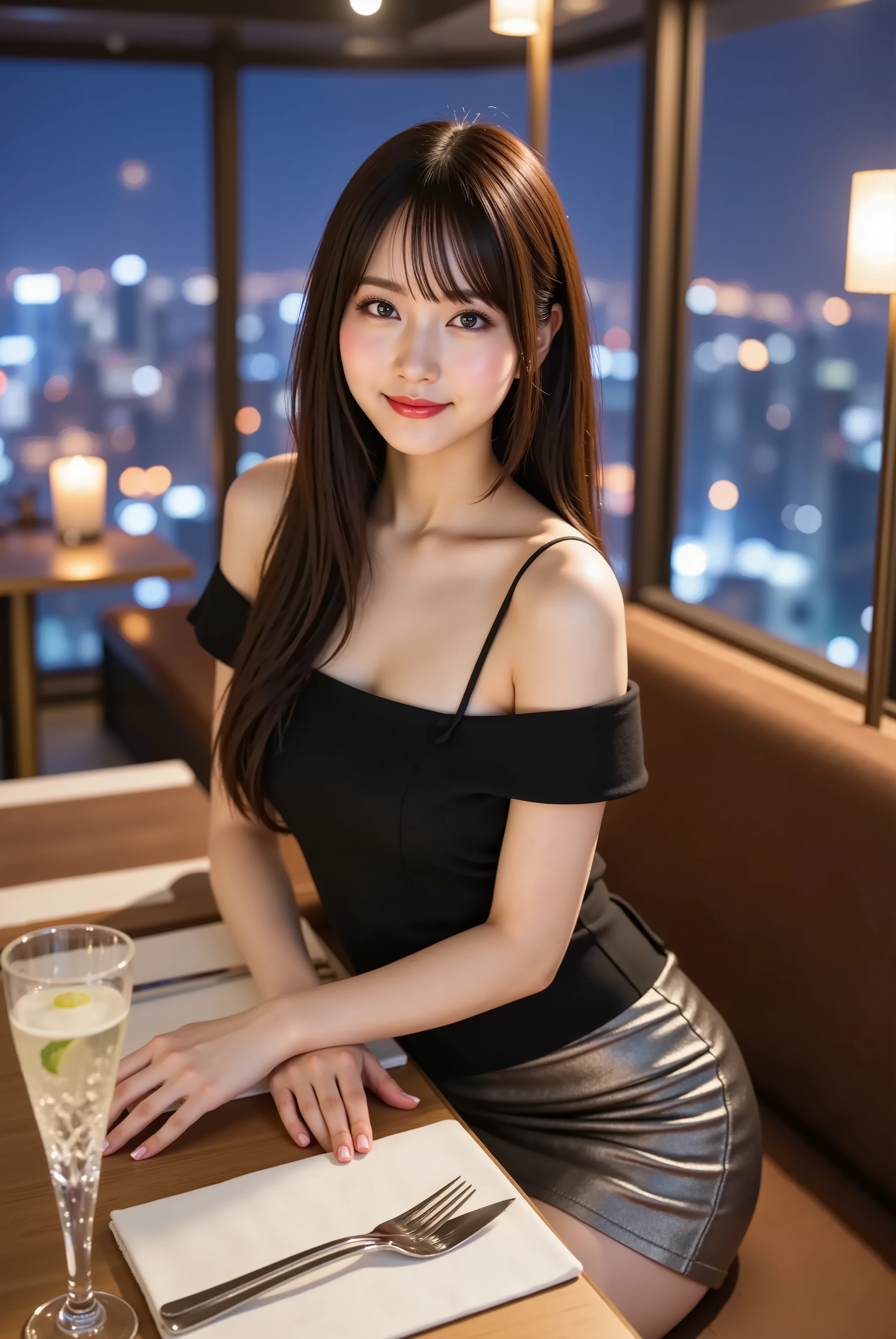 sakura, large breasts, cleavage, A photorealistic portrait of a sophisticated 20-year-old Japanese woman with long flowing brown hair with golden highlights catching ambient lighting, each strand meticulously detailed with natural movement, wearing an elegant black off-shoulder top and silver mini skirt, seated at a high-top table in an upscale sky lounge with panoramic city night views, photographed with a professional camera using a 50mm lens, upscale nightlife photography style with dramatic lighting contrasts, three-quarter body composition in 3:2 aspect ratio, sophisticated ambient lighting combining warm interior fixtures with cool blue city lights creating glamorous atmosphere, luxurious color palette featuring deep blacks, metallic silvers, warm golds, and electric blue cityscape accents, conveying elegant cosmopolitan mood celebrating urban nightlife and professional success, genuine smile expression reflecting confidence and sophistication, ultra-realistic skin texture with subtle evening makeup enhancement and natural glow without artificial effects, detailed fabric textures showing premium material drape and metallic mini skirt sheen, authentic upscale lounge environment with modern furniture and premium glassware, background featuring spectacular city skyline with illuminated skyscrapers and traffic trails, crystal cocktail glasses with garnishes and ambient candle lighting, sophisticated patrons in evening wear in soft focus, creating narrative of urban elegance capturing excitement of contemporary metropolitan nightlife.