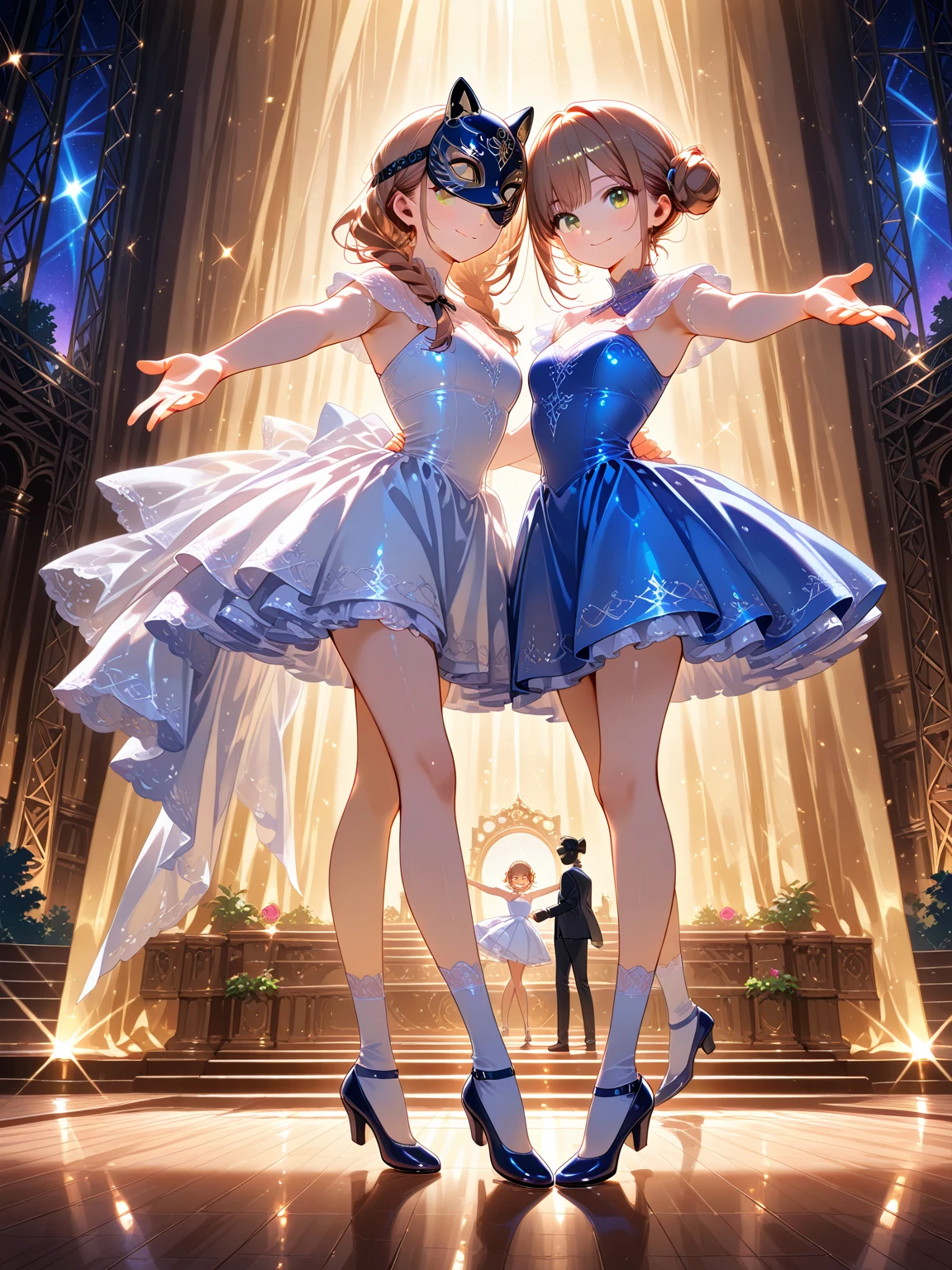 Highest quality、High resolution、Detailed Background、Beautiful face in every detail、Normal number of fingers、Highly detailed face、Detailed eyes、Beautiful women in their 20s、Perfect body line、Light color hair、Bobcut、Wavy Hairstyle、well-groomed eyebrows、mysterious、romantic、Dress with confidence、Feminine delicacy、Model pose、
(Two beautiful models smiling broadly at a night party:1.5)、
Tops and dresses that reveal skin、Off-the-shoulder, deep neckline, backless、Lightweight and see-through materials、Sexy one piece、Body-conscious designs and those with slits、Open back and side design、Enhance your sexiness、Pair with heels or strappy sandals、Her feet are sexy too、very beautiful