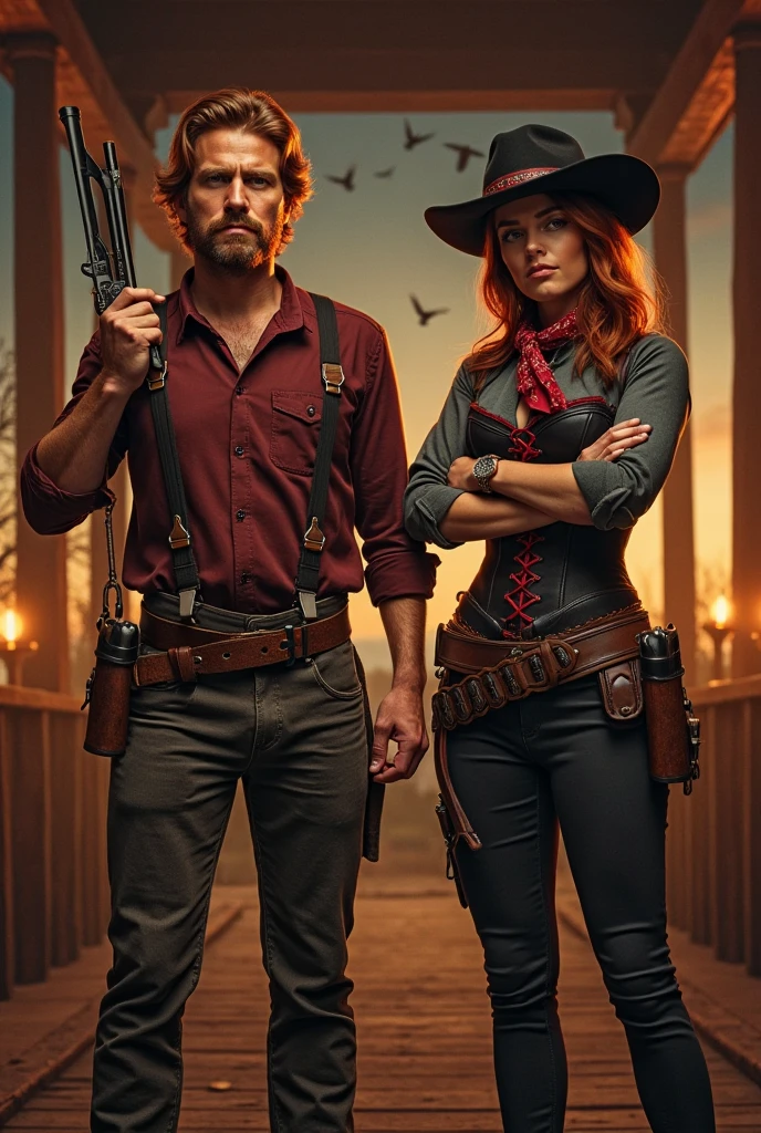 (extreme complexity)(two subjects) (Western gunfighter showdown), A (rugged man resembling Clint Eastwood, wild west gunslinger dressed in white), (busty malaysian gunslinger, age 20 immensely busty, hijab no hair showing), old west town sunset, (best quality,4k,8k,highres,masterpiece:1.2), ultra-detailed, (realistic,photorealistic,photo-realistic:1.37), HDR, UHD, studio lighting, ultra-fine painting, sharp focus, physically-based rendering, extreme detail description, professional, vivid colors, bokeh, portraits, landscape, horror, anime, sci-fi, photography, concept artists, warm color palette, golden-hour lighting, (show both gunslingers, extreme tension)