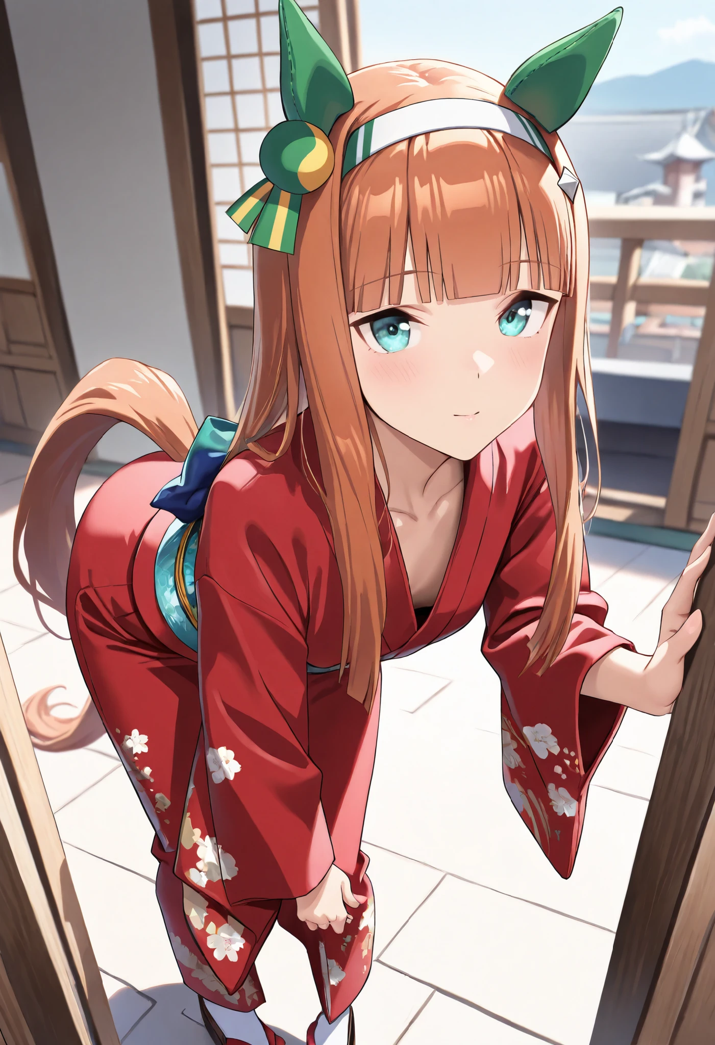 (masterpiece, best quality, perfect face:1.4), wide angle, silence suzuka \(umamusume\), horse ears, ear cover, white headband, small breasts, horse tail, tail on the lower back, proportional body, proportional,1 girl, beautiful hair, beautiful face, beautiful detailed eyes, beautiful clavicle, beautiful body, beautiful chest, beautiful thigh, beautiful legs, beautiful fingers, looking at viewer, kimono, BREAK, Leaning forward, look up, Tilt your head, wears a fox mask, BREAK, textured skin, realistic skin, HDR, BREAK, good hands