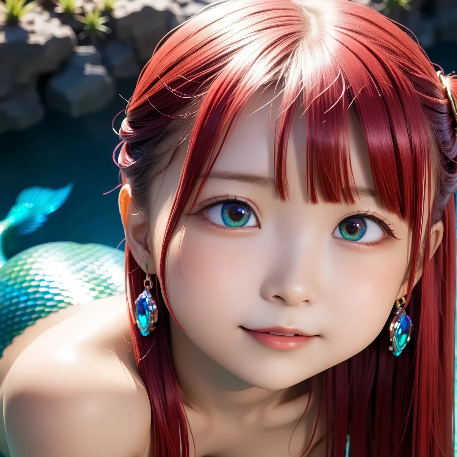 masterpiece, best quality,(best shadow),1girl,looking at viewer,expressive eyes, marker \(medium\), traditional media  red hair, blue eyes, star hair ornament, toples , beach, ponytail, leaning forward, shy and 1boy 20 year old boy and boy and girl sex 