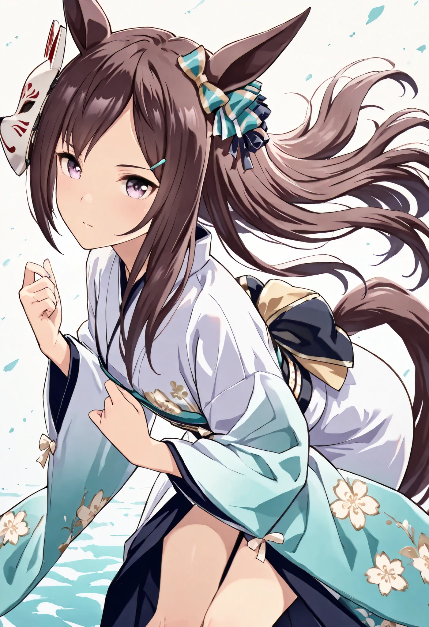 (masterpiece, best quality, perfect face:1.4), Vibrant colors, Ukiyo-e style, wide angle, mejiro dober \(umamusume\), 1girl, floating hair, horse ears, horse tail, tail on the lower back, proportional body, proportional, beautiful hair, beautiful face, beautiful detailed eyes, beautiful clavicle, beautiful body, beautiful chest, beautiful thigh, beautiful legs, beautiful fingers, looking at viewer, BREAK, kimono, BREAK, Leaning forward, look up, Tilt your head, wears a fox mask, BREAK, textured skin, realistic skin, HDR, BREAK, good hands