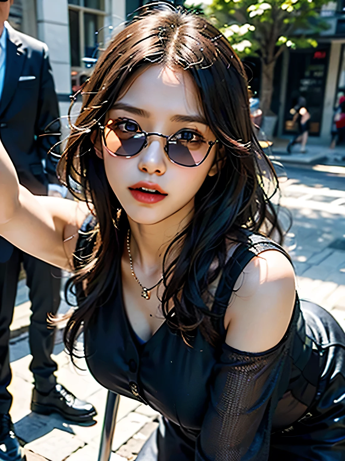 ((Large Breasts:1.3)),Brown Hair . Beautiful woman with curly hair and sunglasses、Full size headphones（Earpiece or surround）Wear、Neon glow of neon cyberpunk coordinator at night in a dark room。