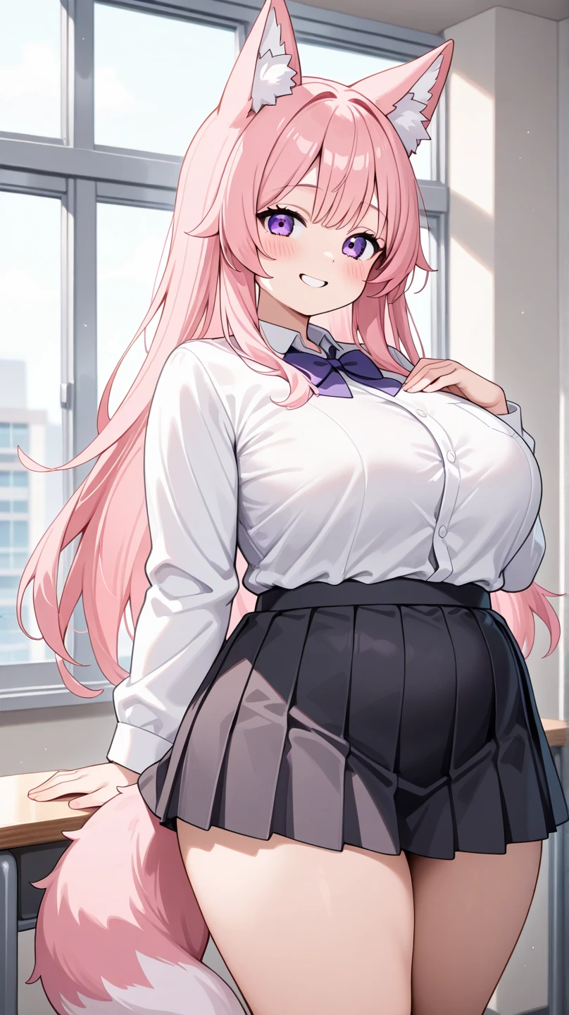 (masterpiece,highest quality, detailed), One girl, alone, indoor, night, Upper Body, Sweat, Ahegao, Roll your eyes, blush, naked、Pink Hair,Messy wavy long hair,open chest white shirt、A tight-fitting shirt、Black flared skirt、Big Breasts