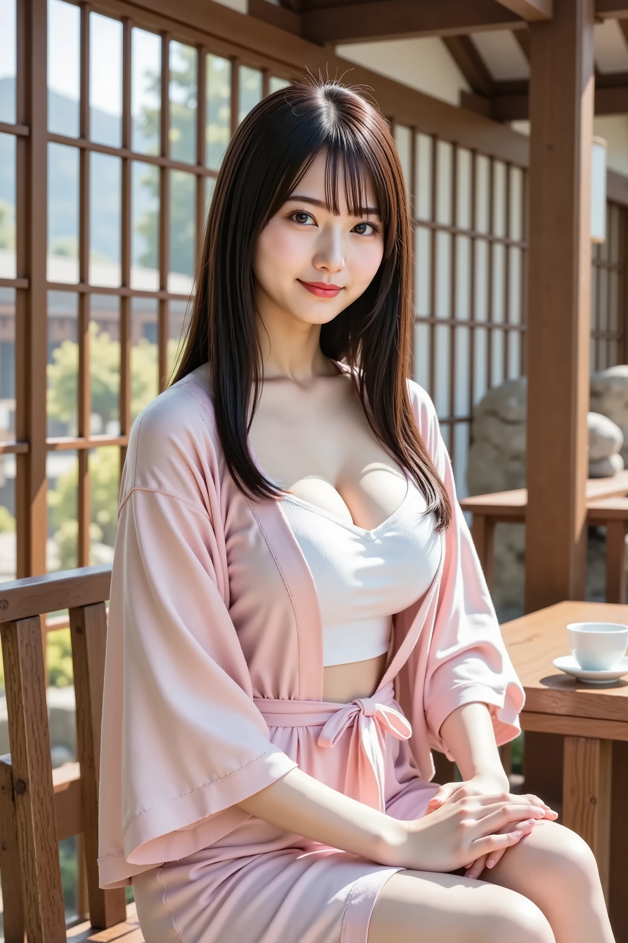 haruka, large breasts, cleavage, A photorealistic portrait of a serene 20-year-old Japanese woman with long straight black hair flowing naturally down her back, each strand meticulously detailed with natural luster, wearing a light pink yukata-style robe and white shorts, sitting gracefully on a traditional wooden veranda of a hot spring inn overlooking a peaceful Japanese garden, captured with a medium format camera using an 85mm portrait lens, traditional hospitality photography style with zen-like tranquility, upper body composition in 3:2 aspect ratio, soft natural afternoon lighting filtered through wooden lattice screens creating gentle shadows and illumination, harmonious color palette featuring soft pinks, natural wood browns, jade greens, and pristine whites, conveying peaceful atmosphere celebrating Japanese omotenashi culture and wellness traditions, genuine smile expression reflecting inner calm and cultural appreciation, ultra-realistic skin texture with healthy natural radiance enhanced by serene lighting without artificial enhancement, detailed textile rendering showing traditional yukata fabric patterns and cotton construction, authentic ryokan environment with tatami edges and traditional architectural details, background featuring meticulously maintained moss gardens with stone arrangements and bamboo water features, distant mountain views through traditional windows, steam rising from hot spring pools, traditional ceramic tea sets and wooden serving trays, creating culturally rich narrative capturing essence of Japanese hospitality and restorative power of traditional hot spring experiences.